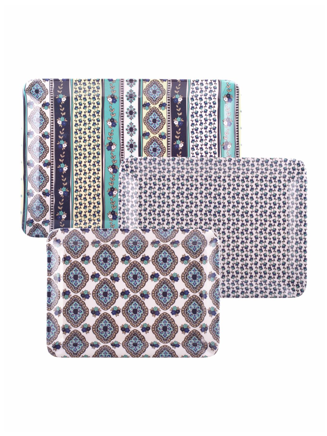 GOODHOMES Set of 3 White & Navy Blue Printed Rectangular Melamine Serving Trays (Image - 1)
