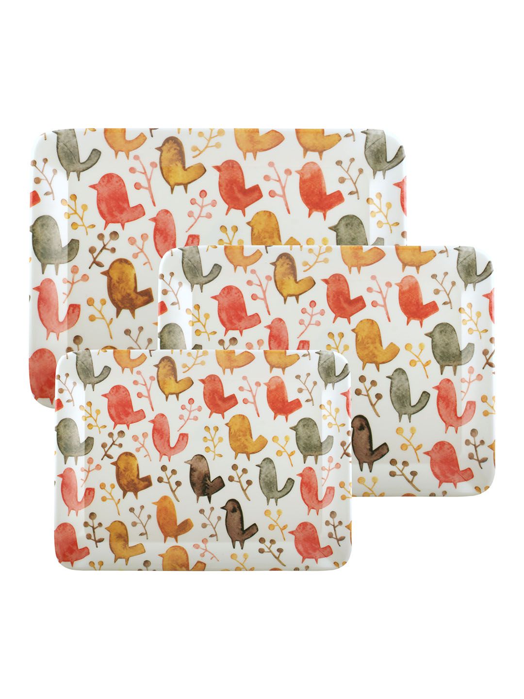 GOODHOMES Set of 3 Off-White & Orange Printed Melamine Serving Trays (Image - 1)