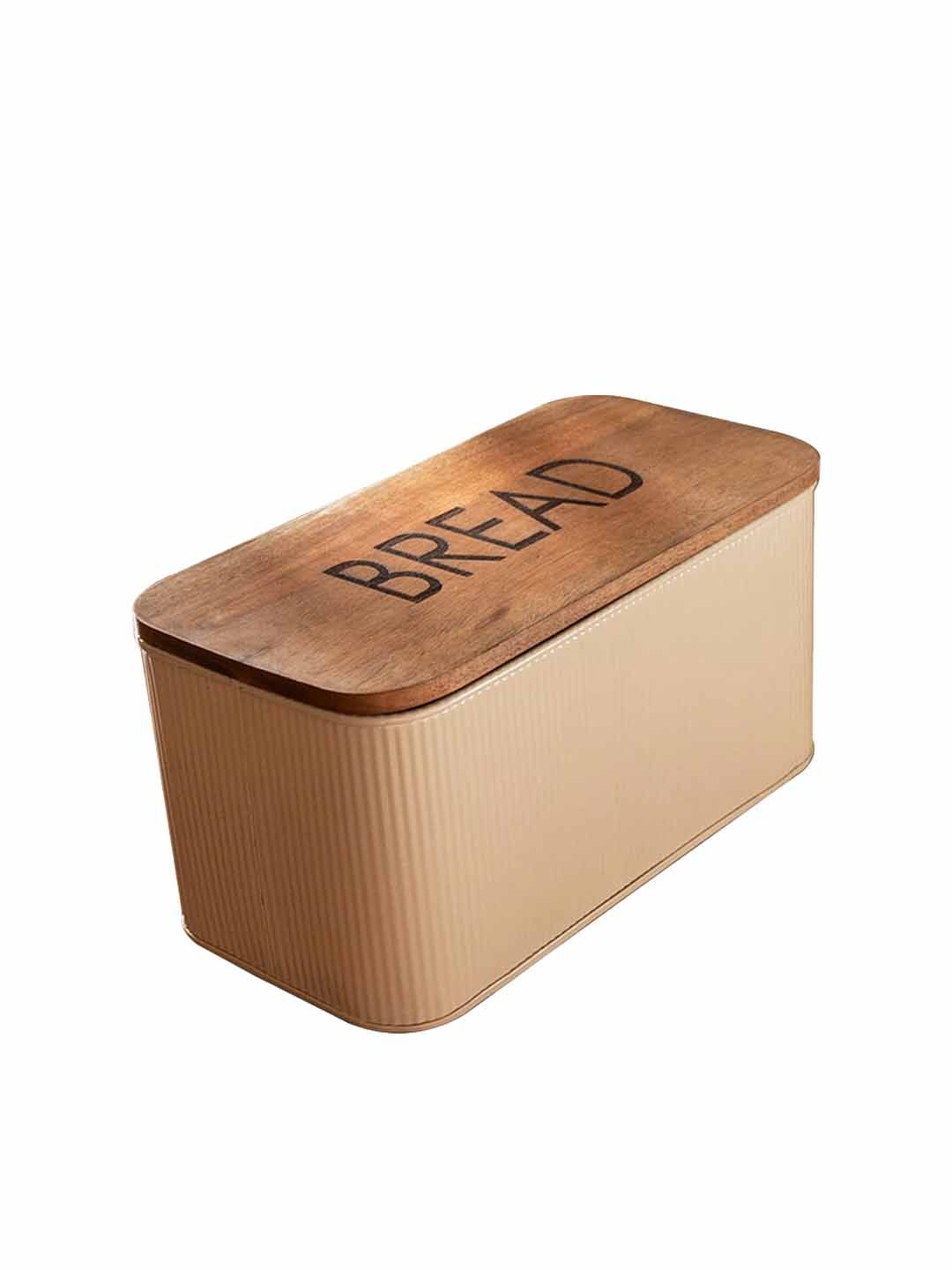 ellementry Off-White & Brown Egg Shell Metal Bread Box With Wooden Lid (Image - 1)