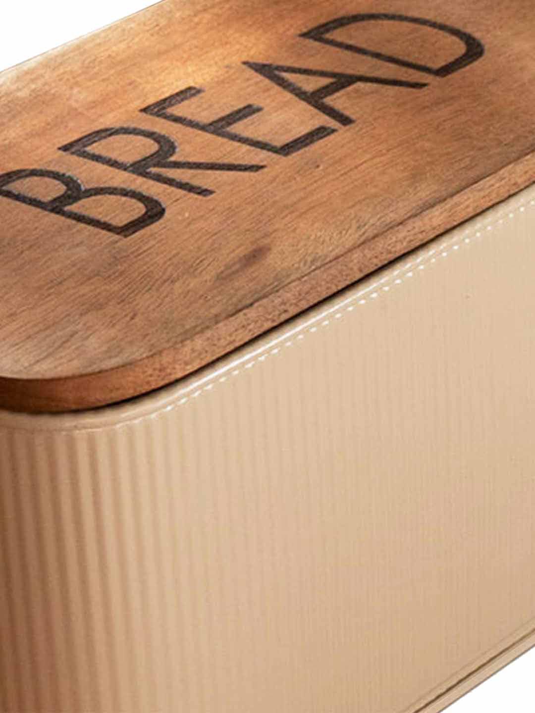 ellementry Off-White & Brown Egg Shell Metal Bread Box With Wooden Lid (Image - 2)