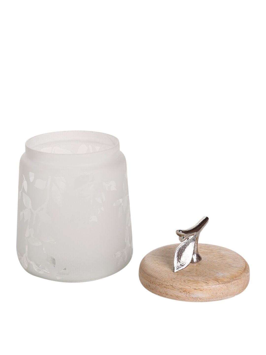 ellementry White & Brown Dishwasher Safe Twigy Frosted Glass Jar with Wooden Lid (Image - 1)