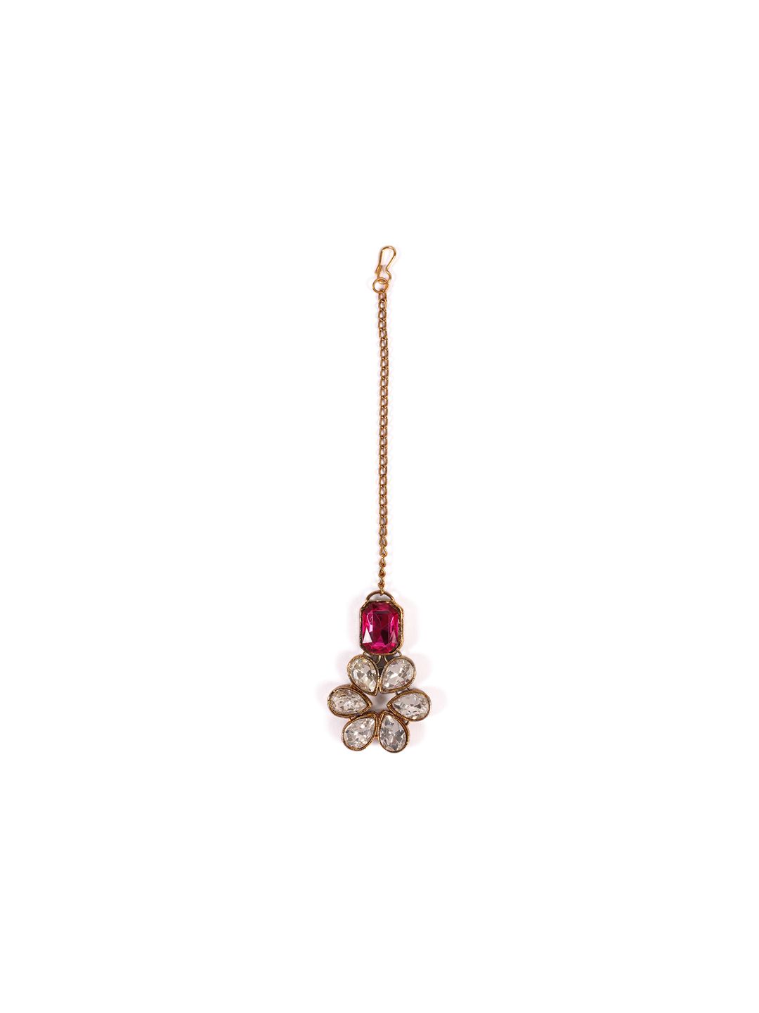 Zaveri Pearls Gold-Plated Pink & Green Artificial Stone-Studded Layered Jewellery Set (Image - 3)