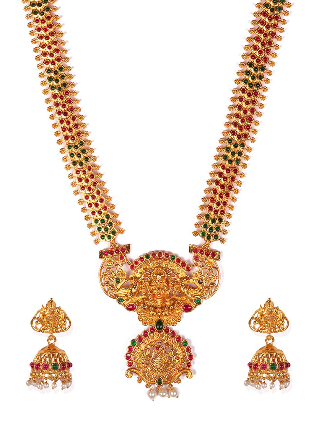 Zaveri Pearls Gold-Plated Red & Green Stone-Studded Goddess Laxmi Temple Jewellery Set (Image - 1)
