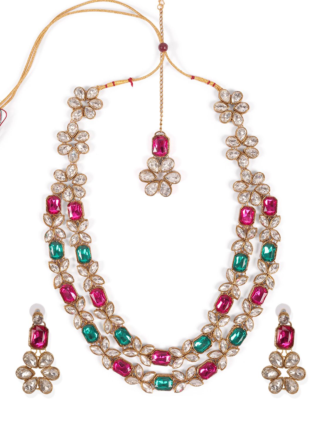 Zaveri Pearls Gold-Plated Pink & Green Artificial Stone-Studded Layered Jewellery Set (Image - 1)