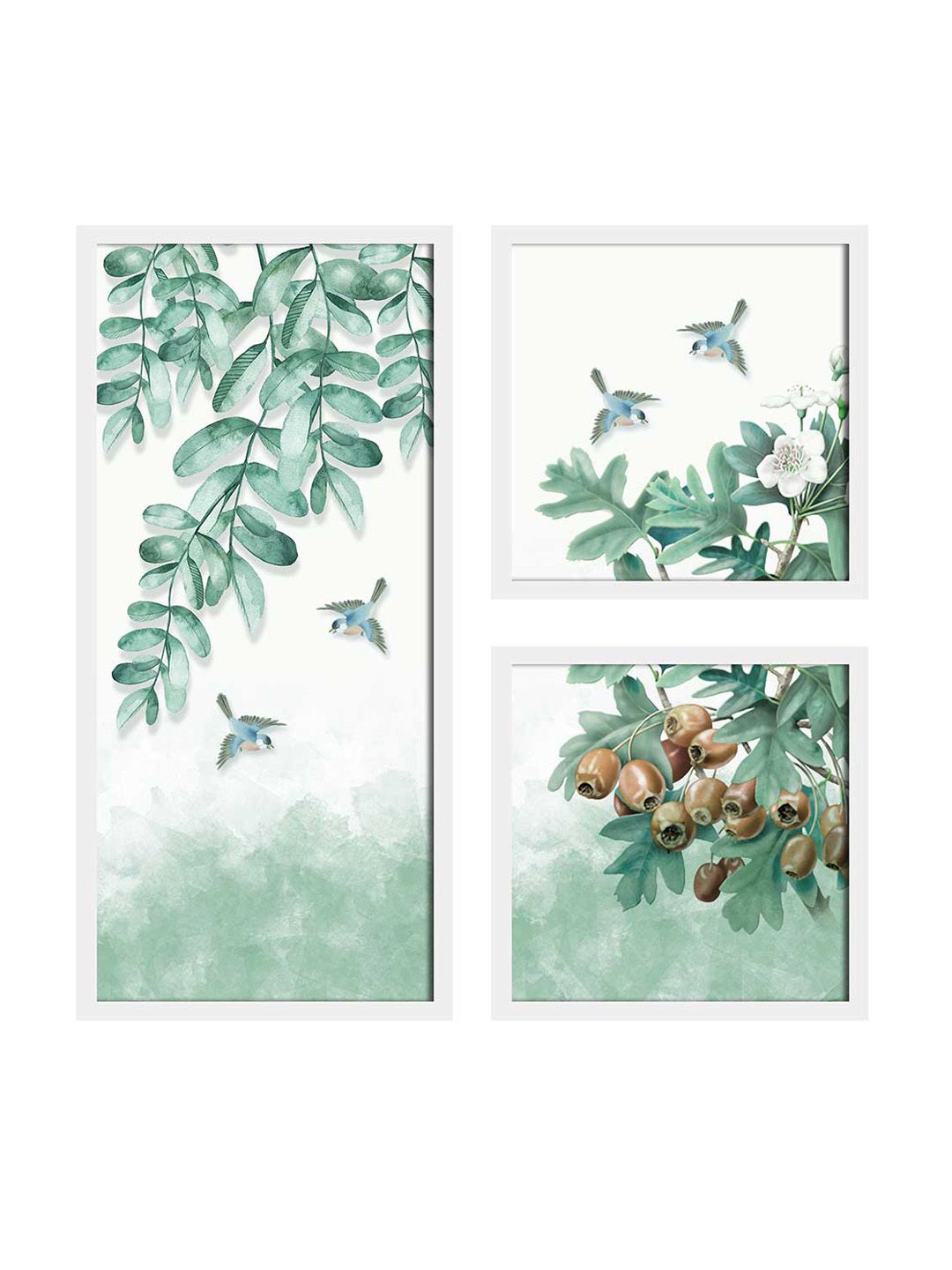 Art Street Set Of 3 Sea-Green & White Printed Four Sparrow Framed Wall Art (Image - 1)