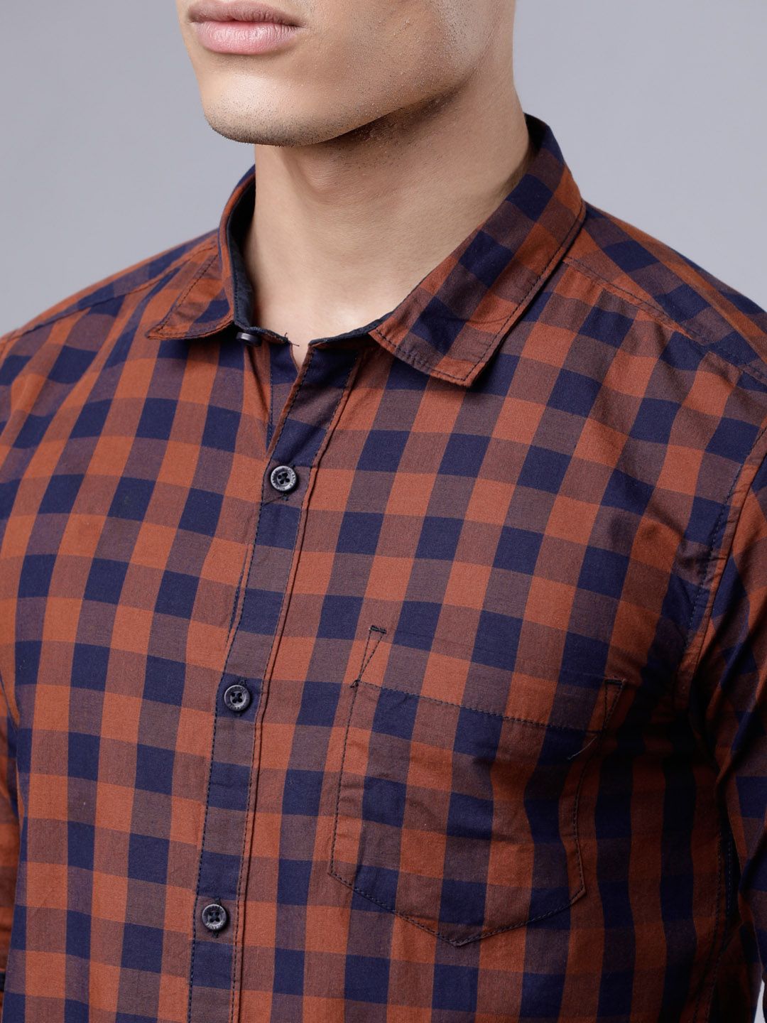 HIGHLANDER Men Navy Blue & Rust Slim Fit Checked Casual Shirt (Image - 1)
