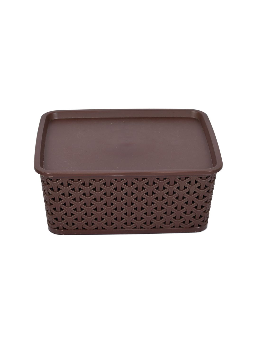 Kuber Industries Set Of 3 Brown & Beige Texured Small Size Multipurpose Solitaire Storage Basket With Lid (Image - 2)