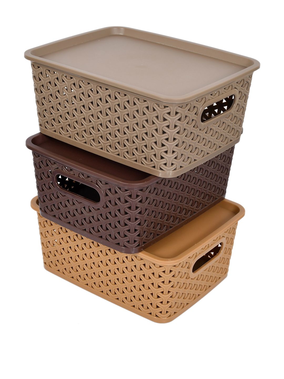 Kuber Industries Set Of 3 Brown & Beige Texured Small Size Multipurpose Solitaire Storage Basket With Lid (Image - 1)