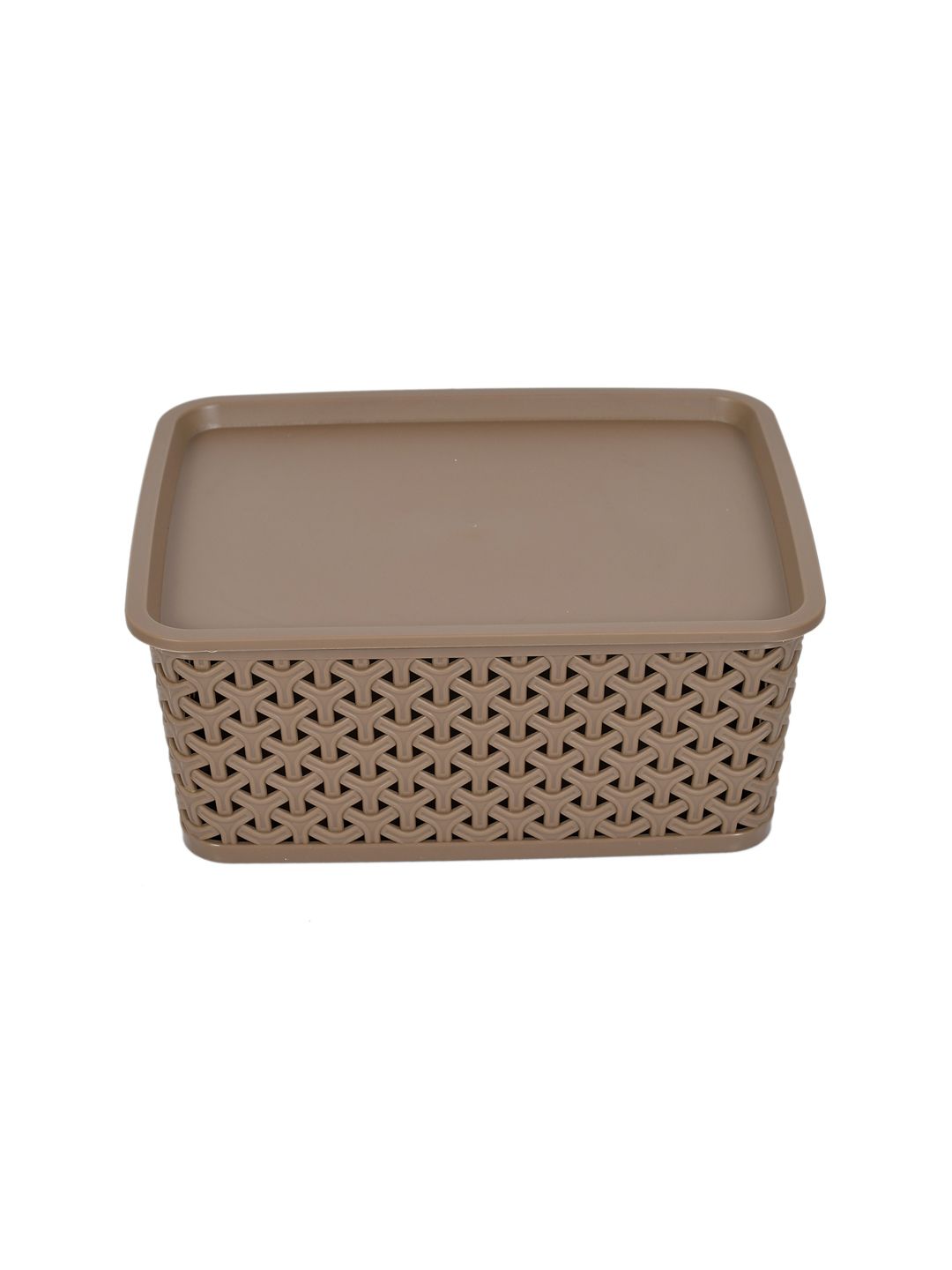 Kuber Industries Set Of 3 Brown & Beige Texured Small Size Multipurpose Solitaire Storage Basket With Lid (Image - 3)