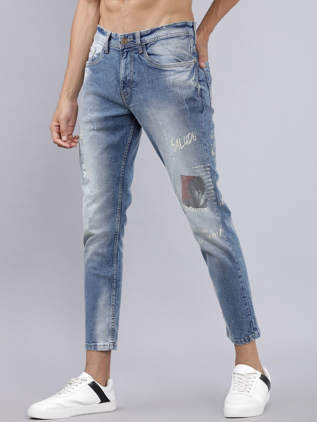 LOCOMOTIVE Men Blue Tapered Fit Mid-Rise Mildly Distressed Stretchable Jeans (Image - 2)