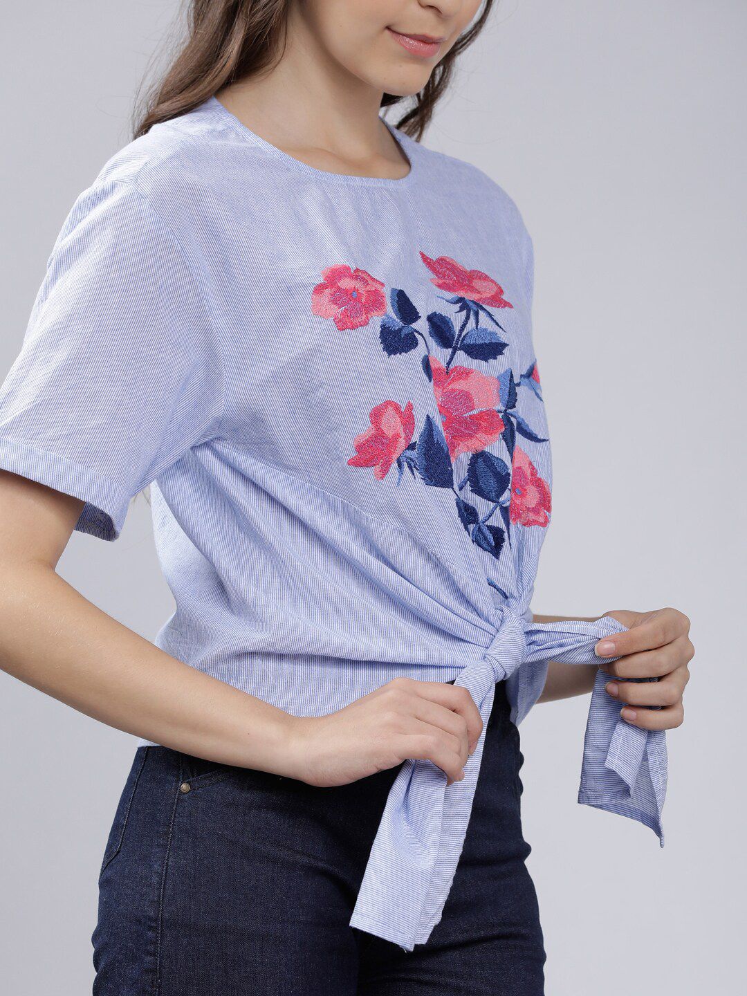 Tokyo Talkies Women Blue Embroidered Boxy Top (Image - 1)