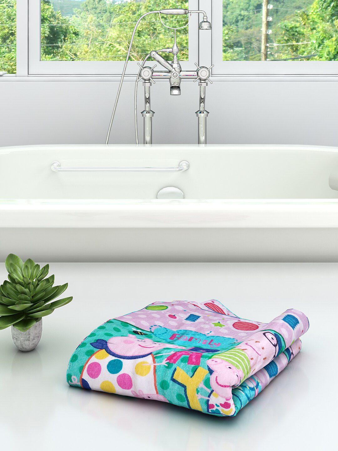 Athom Trendz Pink & Blue Peppa Pig Day Out Printed 350 GSM Cotton Bath Towels (Image - 1)