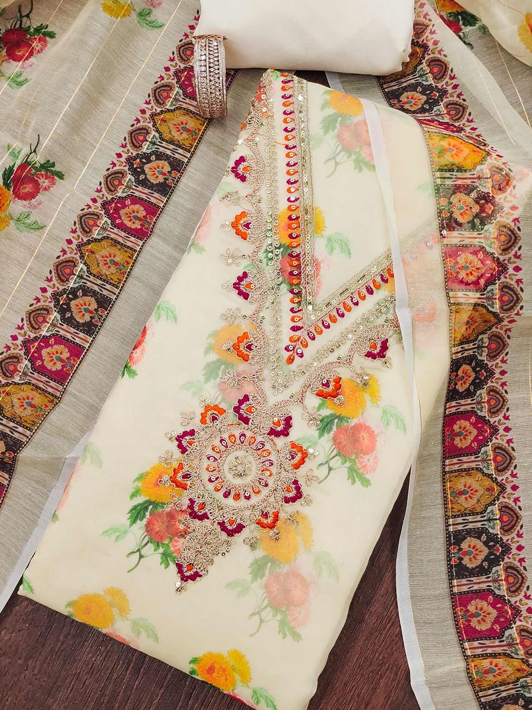 Printed Sequins & Embroidery Chanderi Silk Unstitched Dress Material