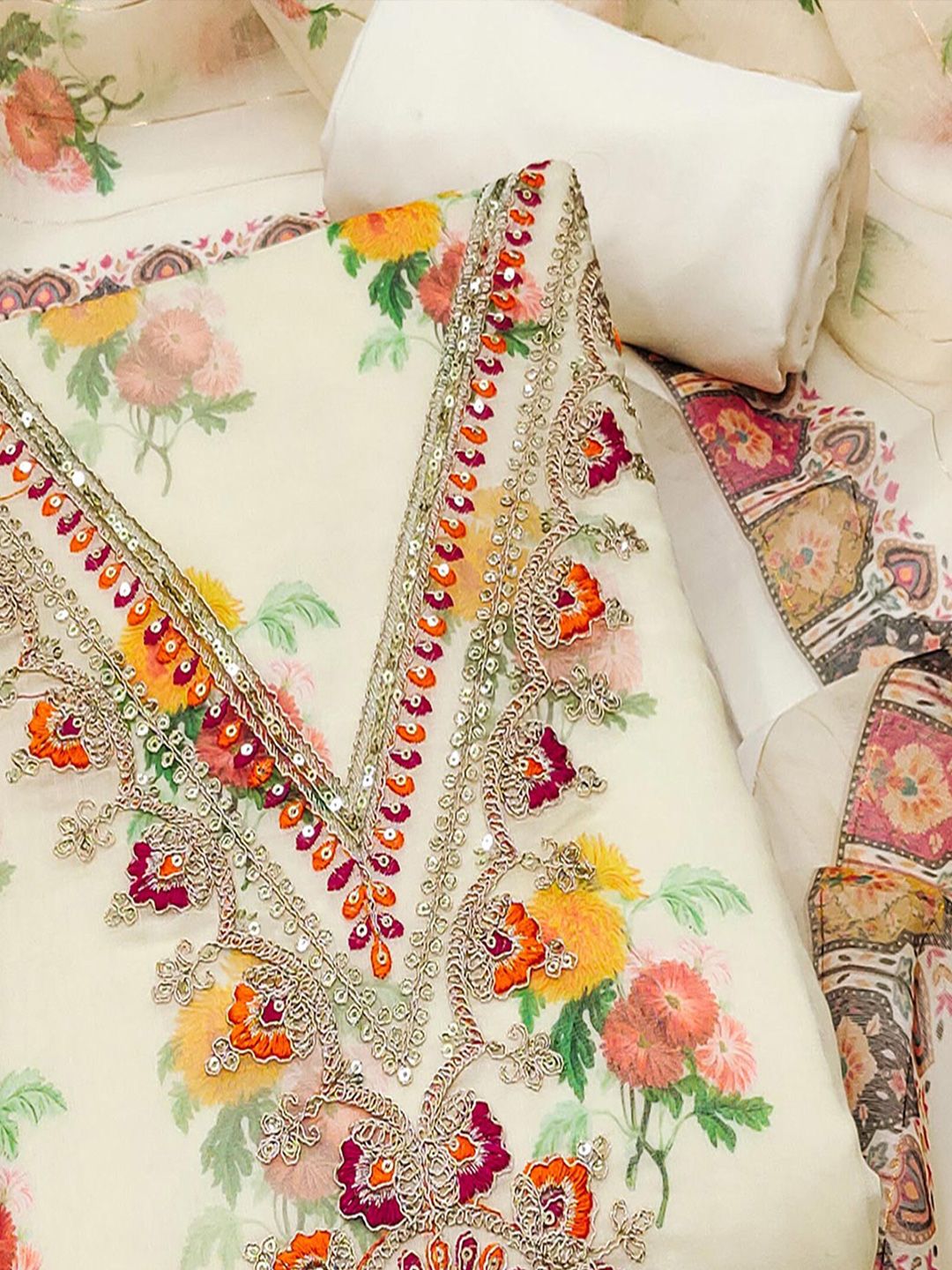 Printed Sequins & Embroidery Chanderi Silk Unstitched Dress Material