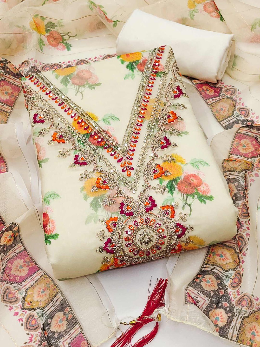 Printed Sequins & Embroidery Chanderi Silk Unstitched Dress Material