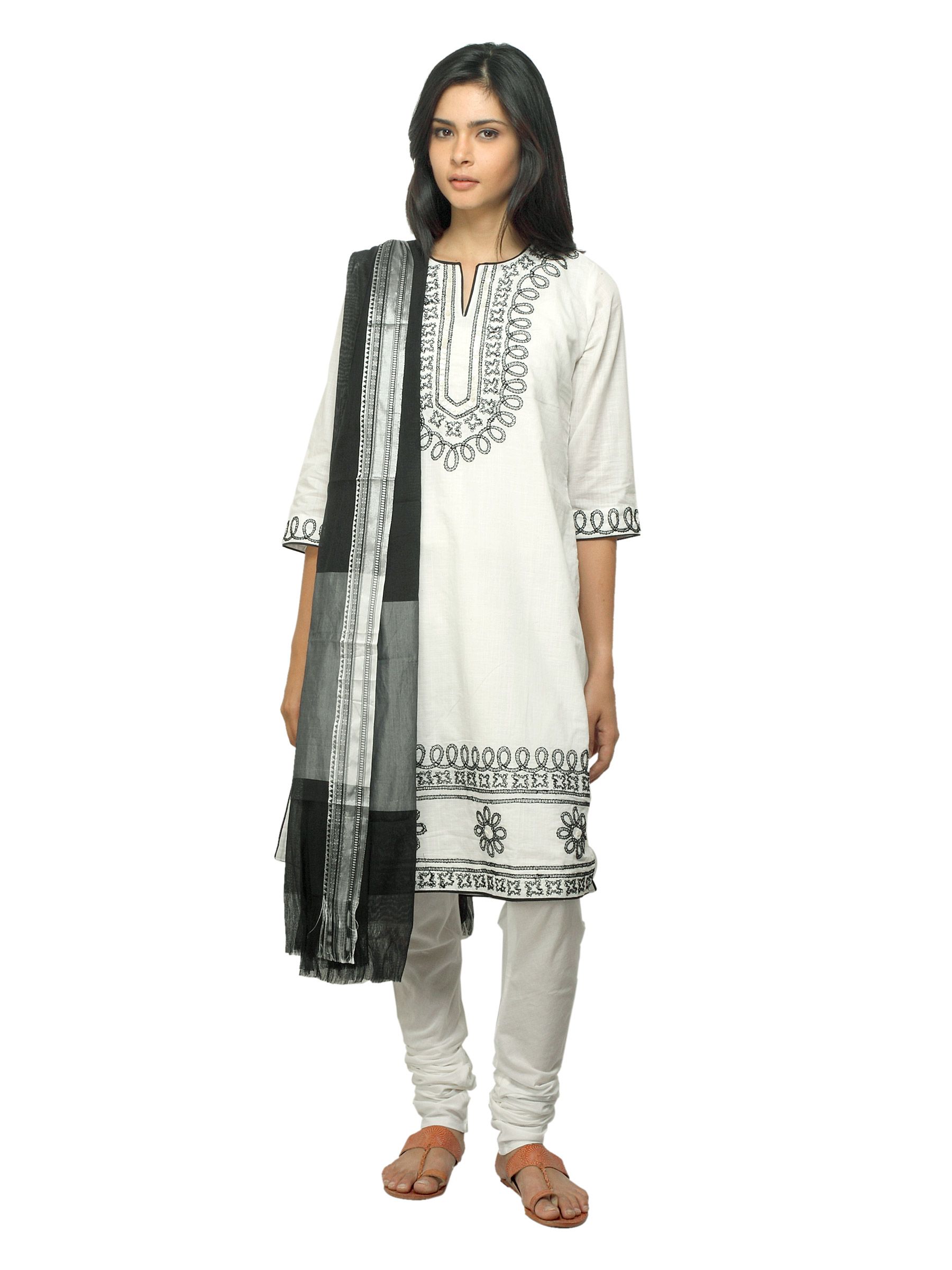 Biba Women White Embroidered Churidar Kurta with Dupatta