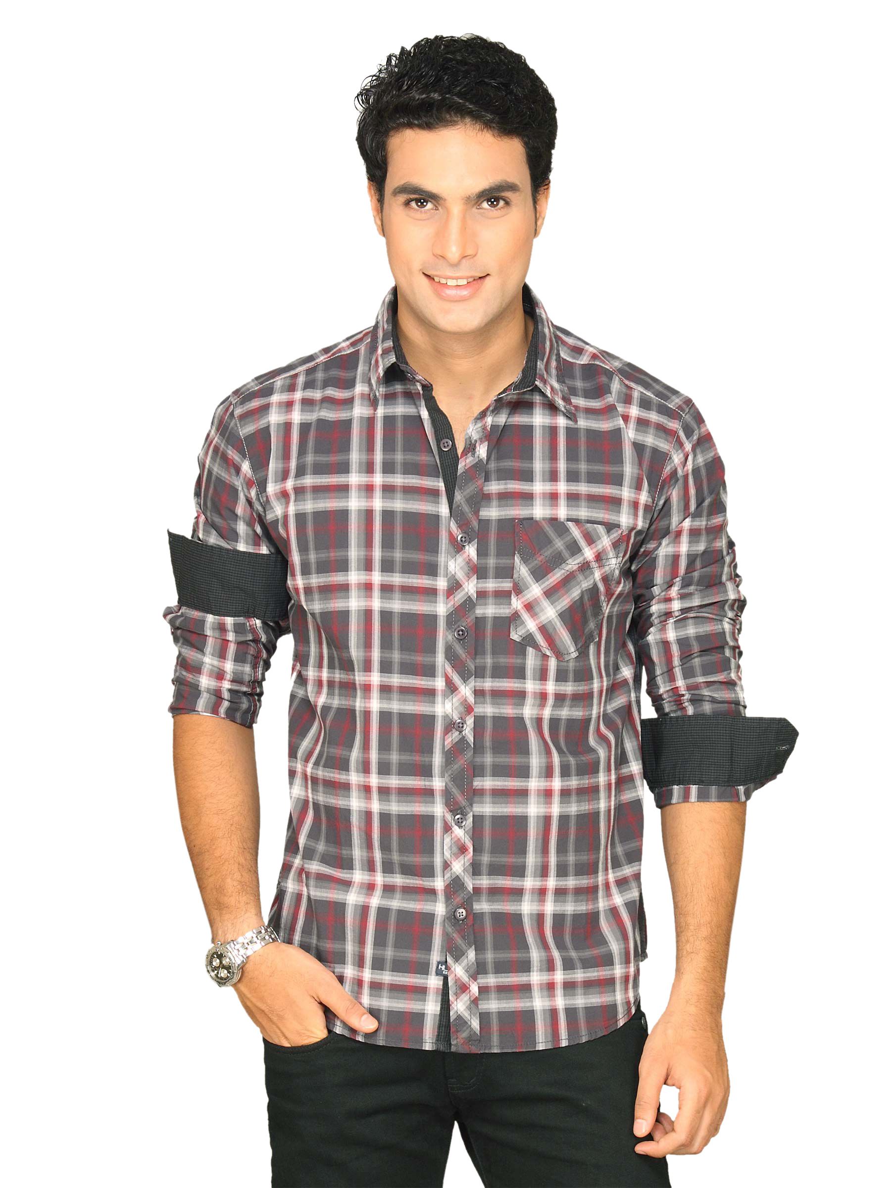 Highlander Men Grey Red Checked Slim Fit Shirt