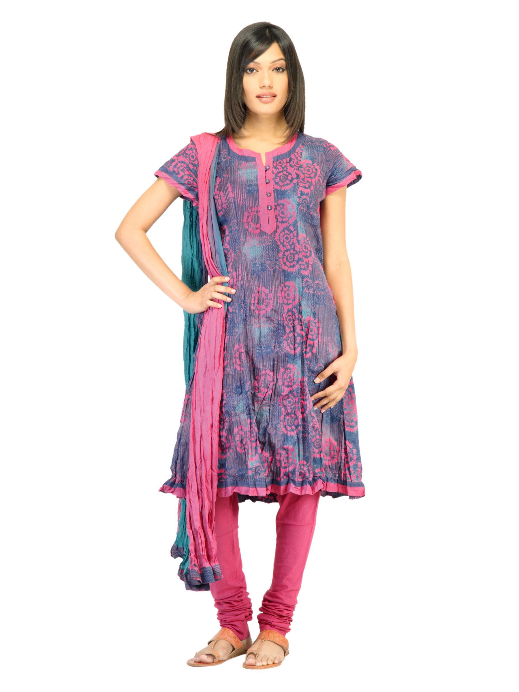 Biba Women Blue & Pink Churidar Kurta with Dupatta