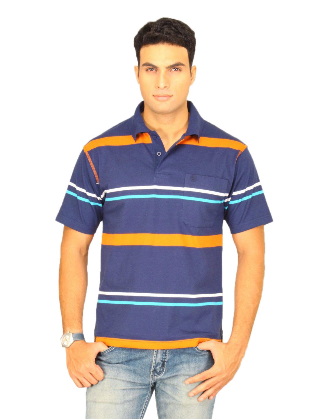 Classic Polo Men's Navy With Orange White Stripes T-shirt