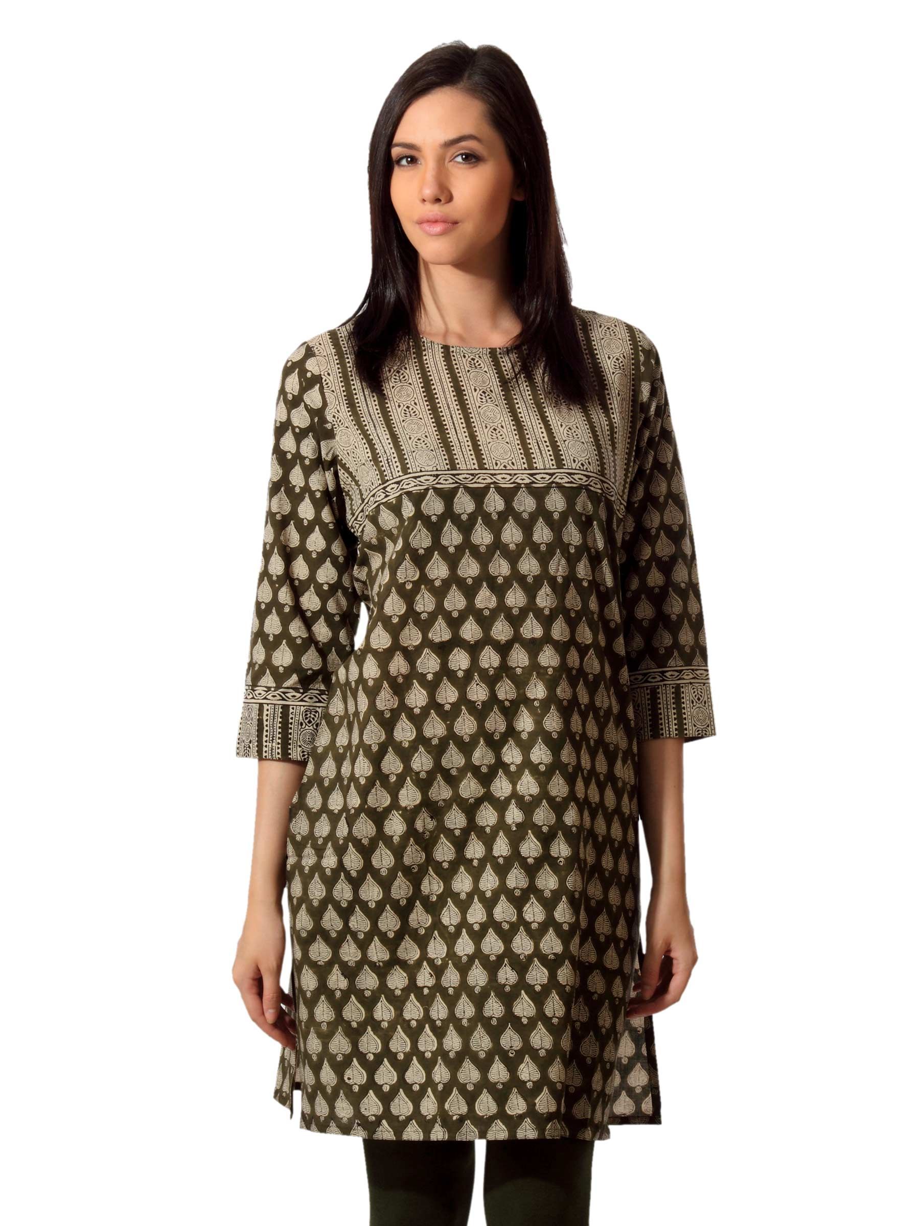 Fabindia Women Printed Olive Kurta