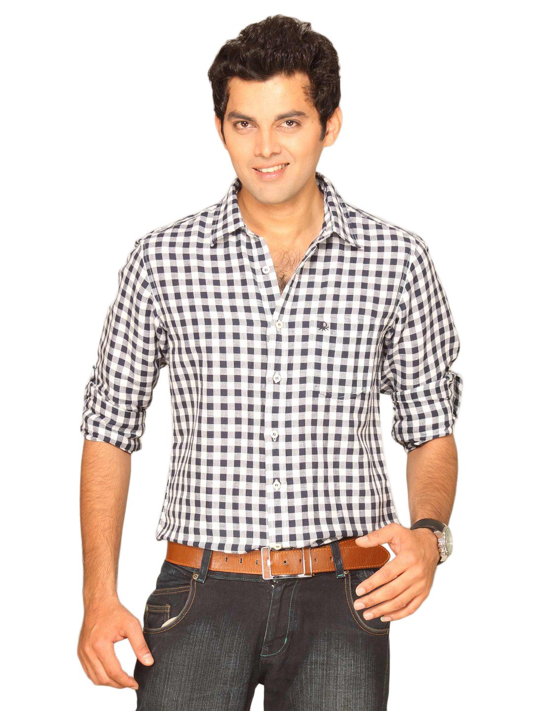 UCB Men Linen Small Checks Black Shirt