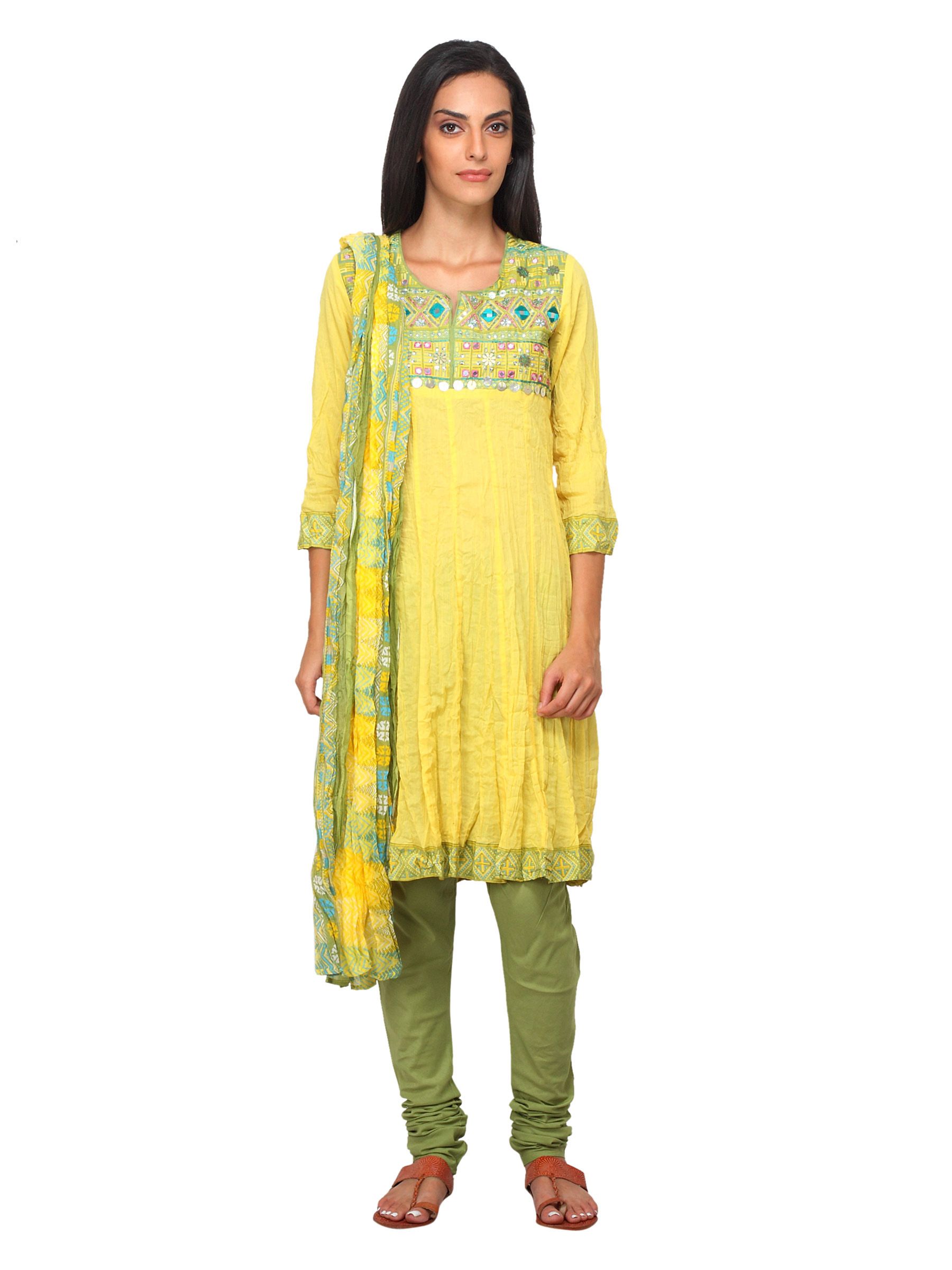 Biba Women Yellow & Green Printed Churidar Kurta with Dupatta