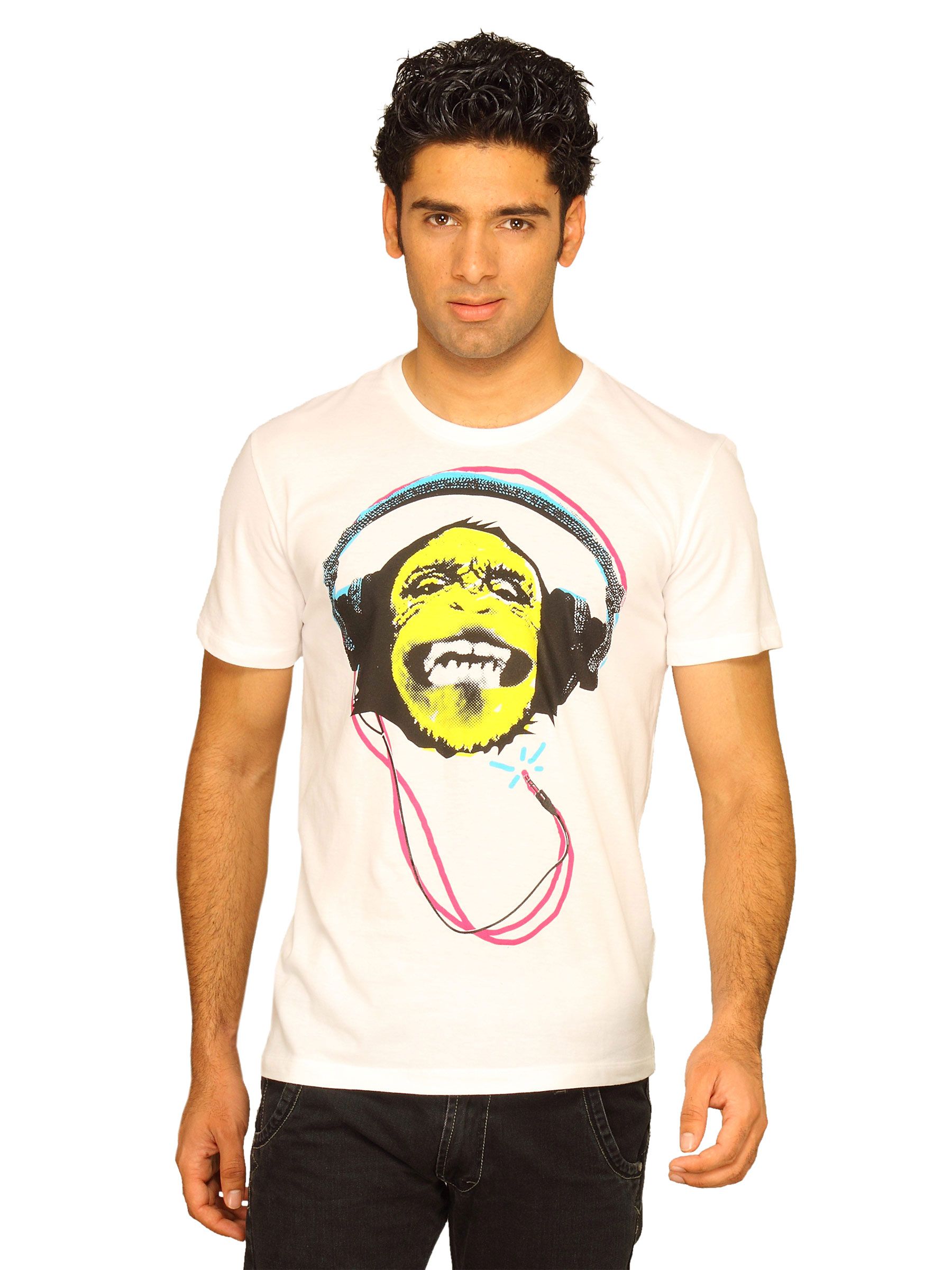 Free Authority Men's Cool Monkey Headphones White T-shirt