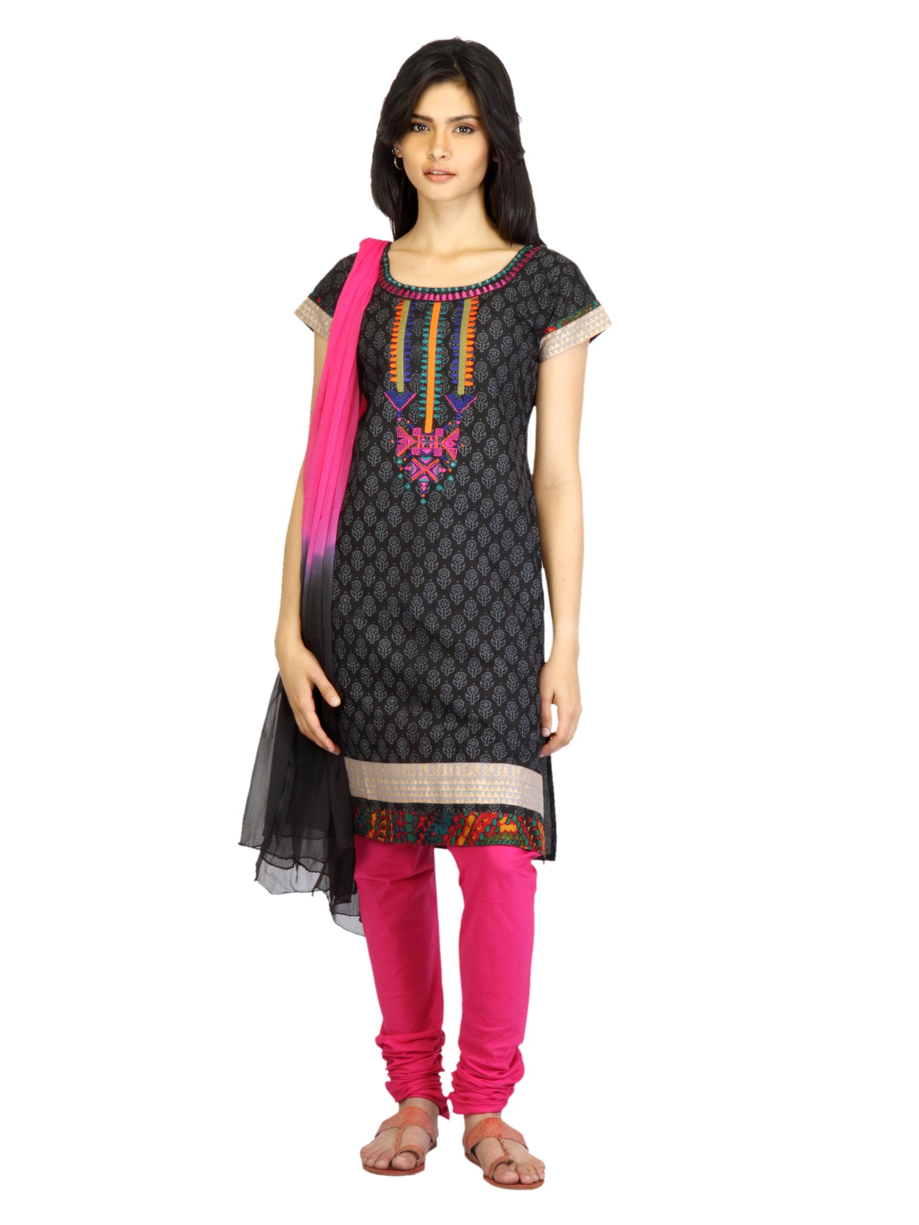 Vishudh Women Black & Pink Printed Churidar Kurta with Dupatta