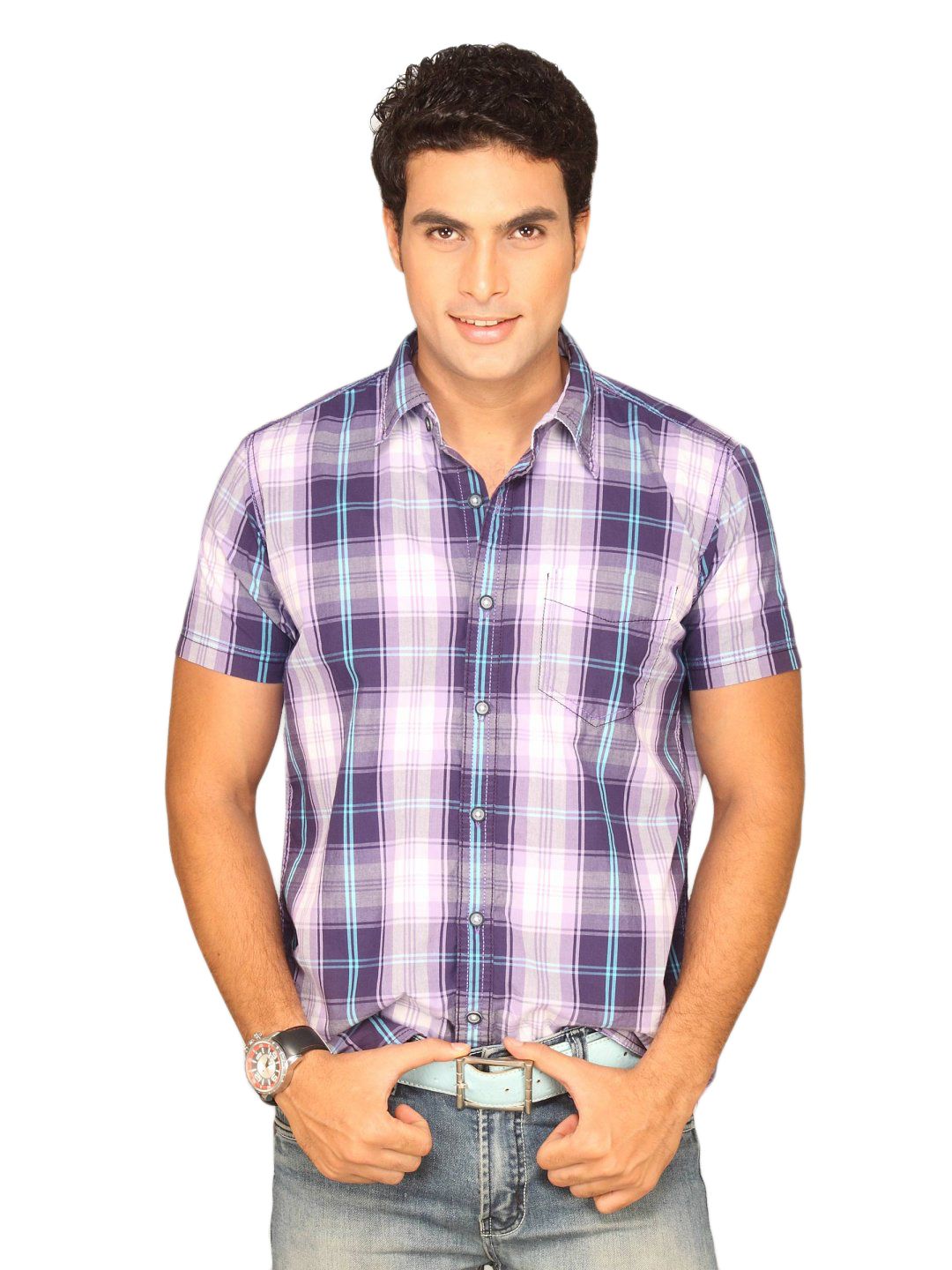 Highlander Men Purple White Checked Shirt