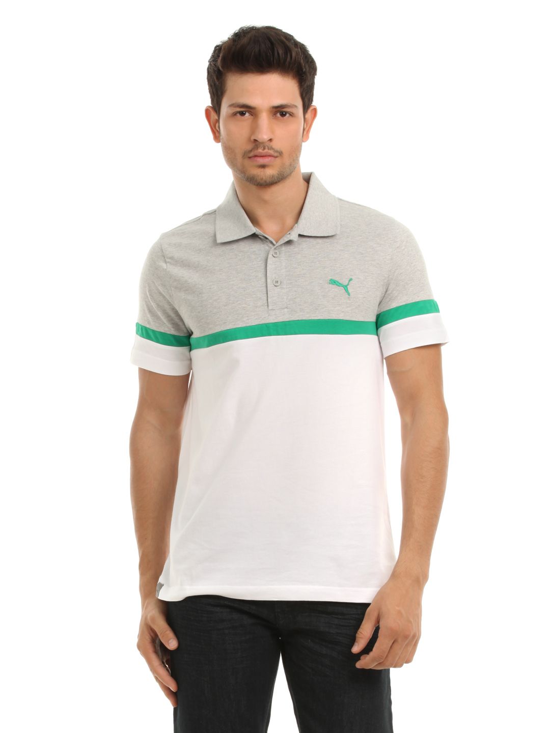 Puma Men Grey & White Polo T-shirt