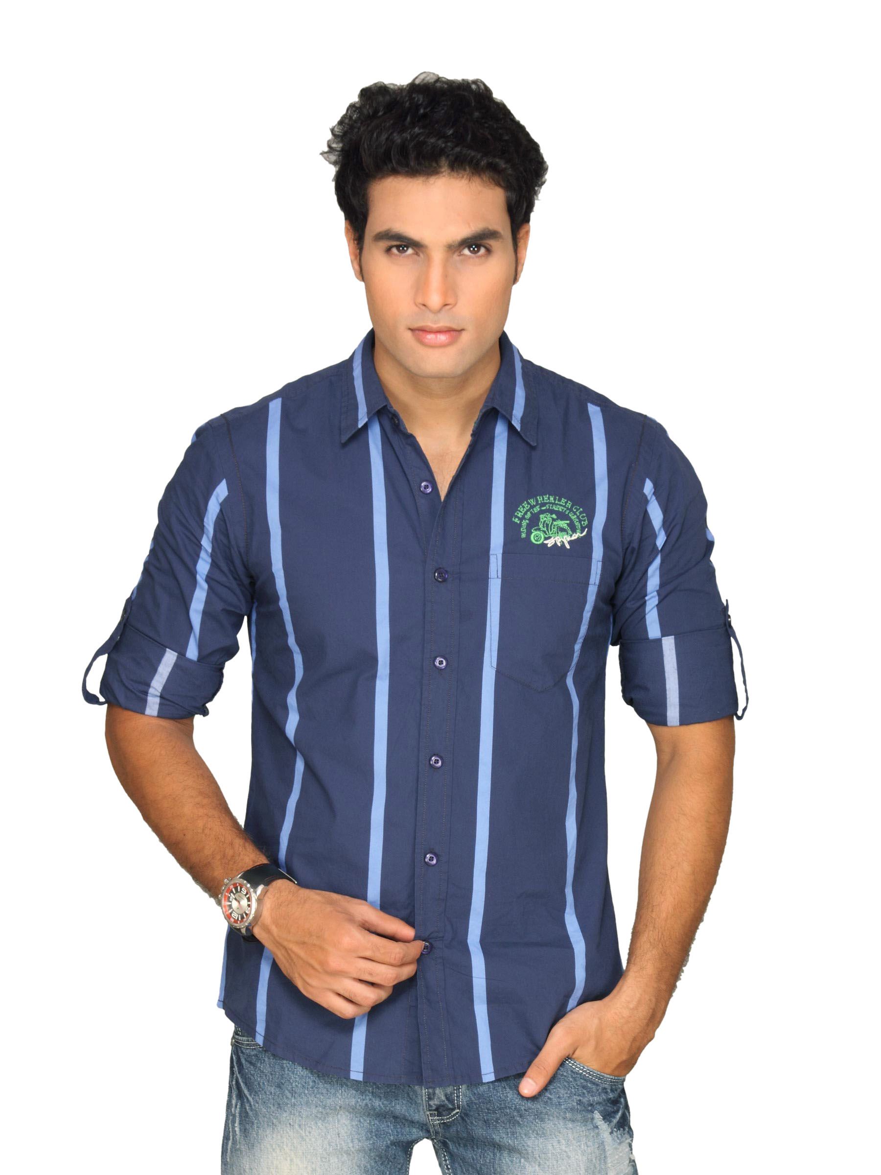 Spykar Men Stripes Navy Blue Shirt