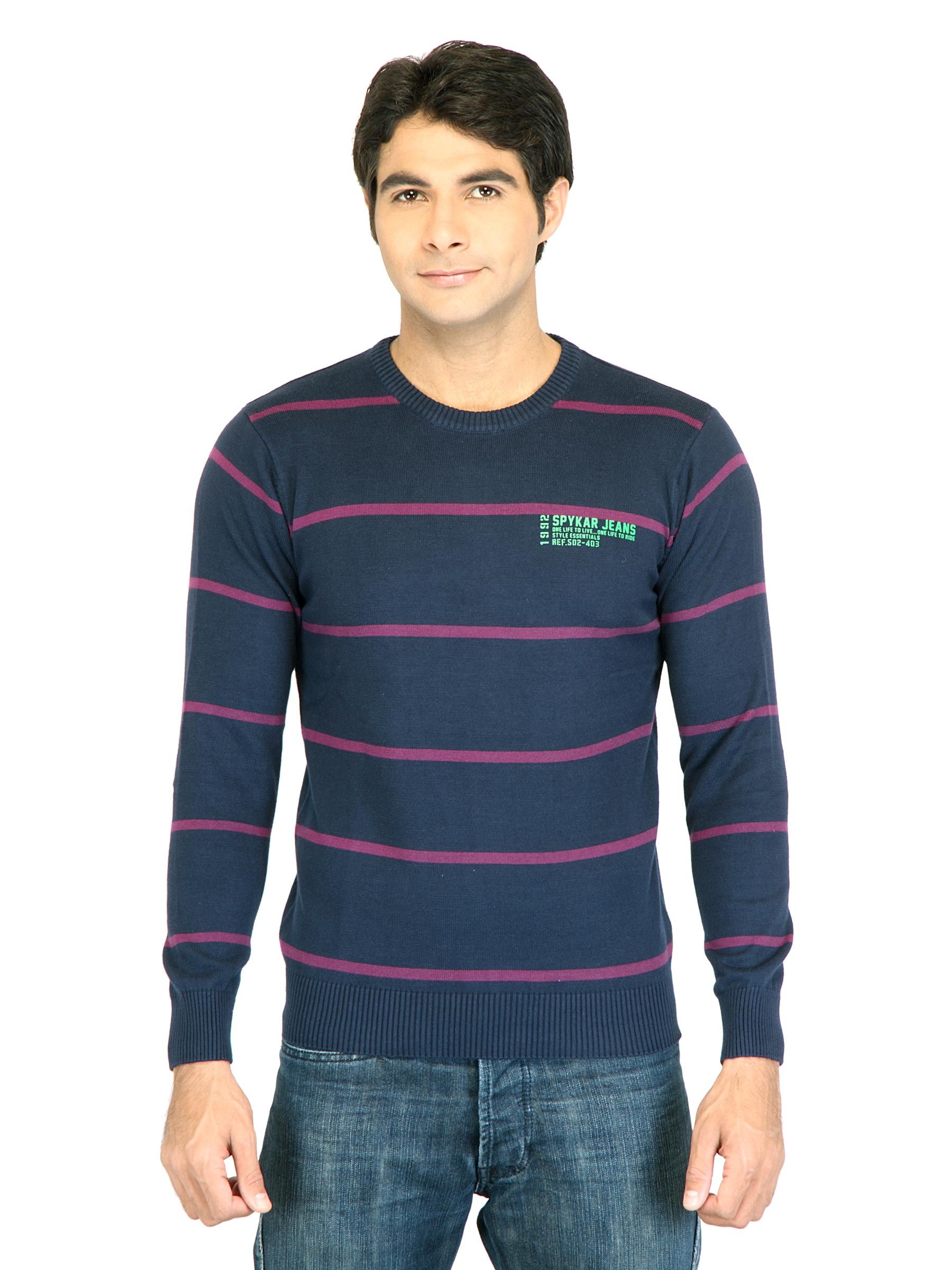 Spykar Men Stripes Navy Blue Sweaters