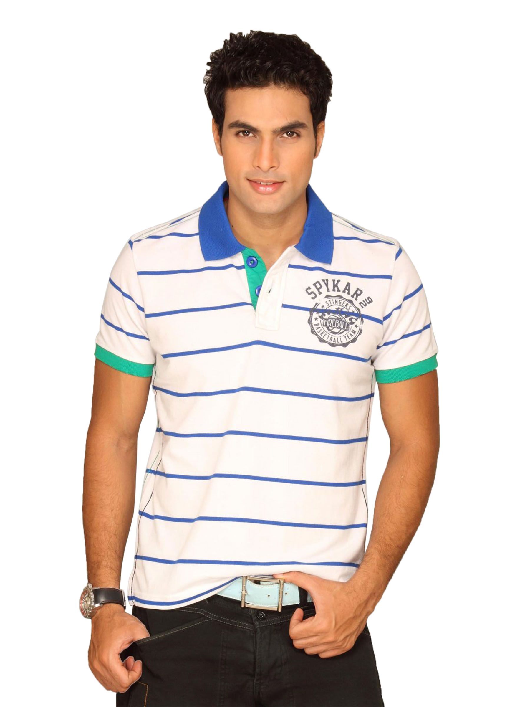 Spykar Men's Stinger Basket Ball Team White Blue Stripes T-shirt