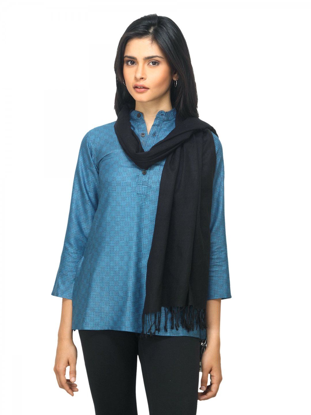 Fabindia Women Black Noil Silk & Wool Stole