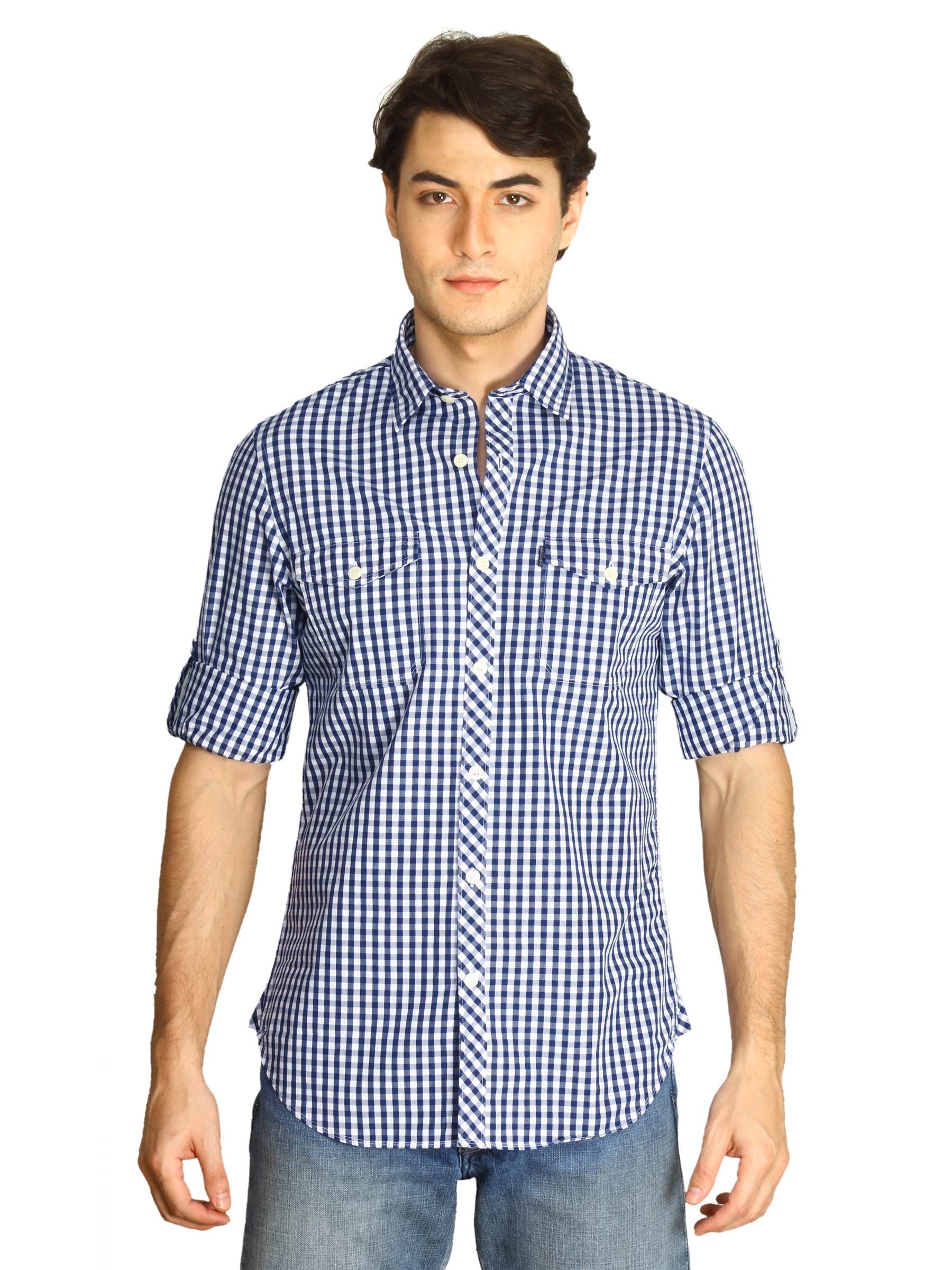 Scullers Men Navy Blue Check Shirt