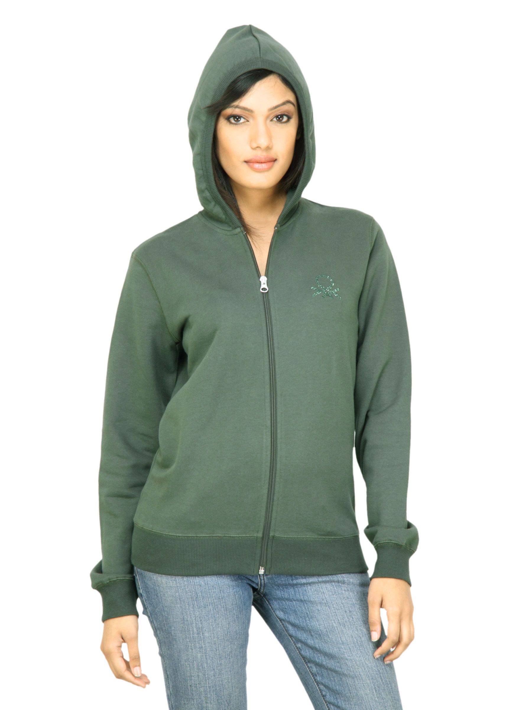 United Colors of Benetton Women Solid Olive Sweatshirt