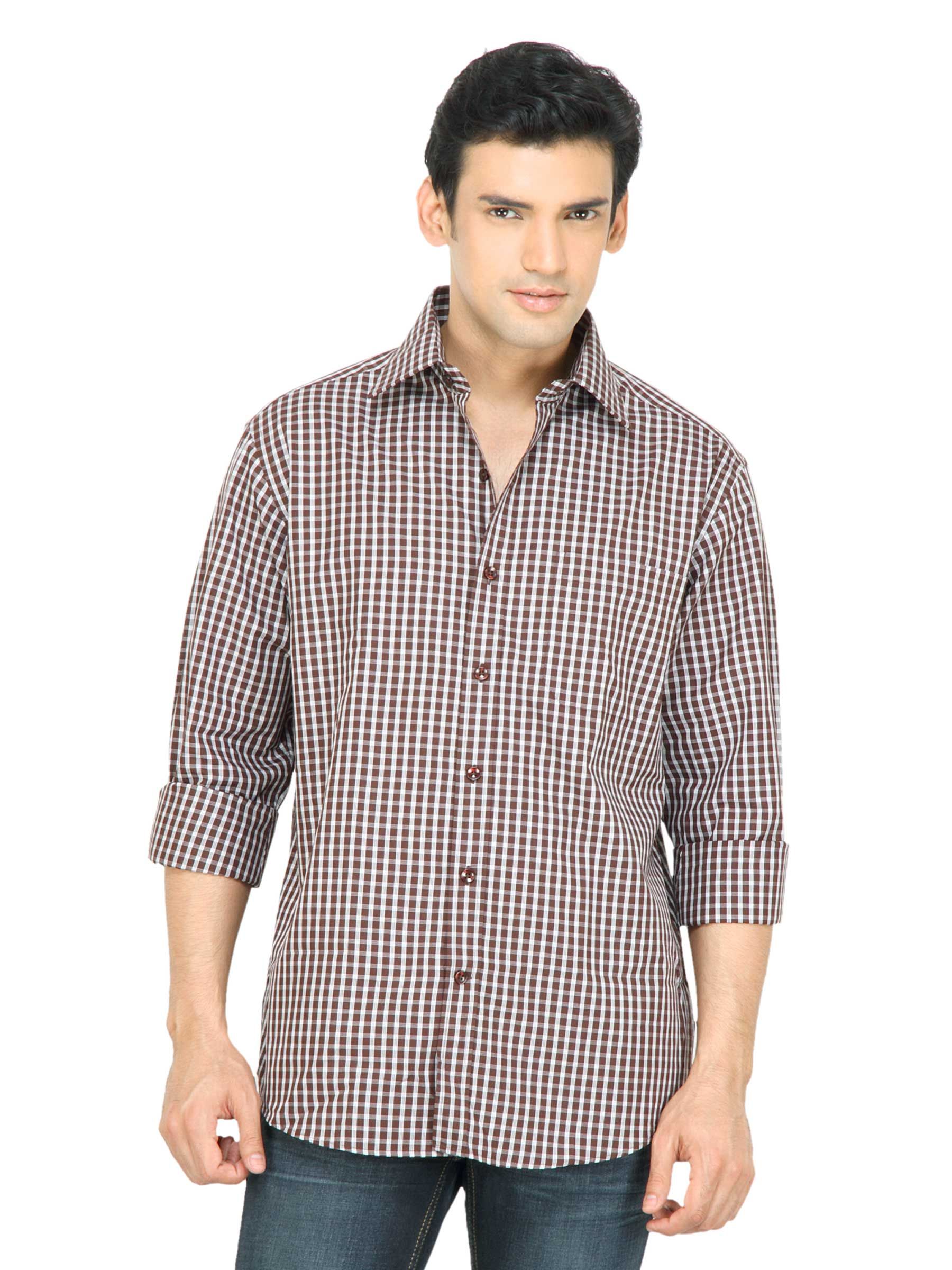 Wills Lifestyle Men Check Brown Shirt