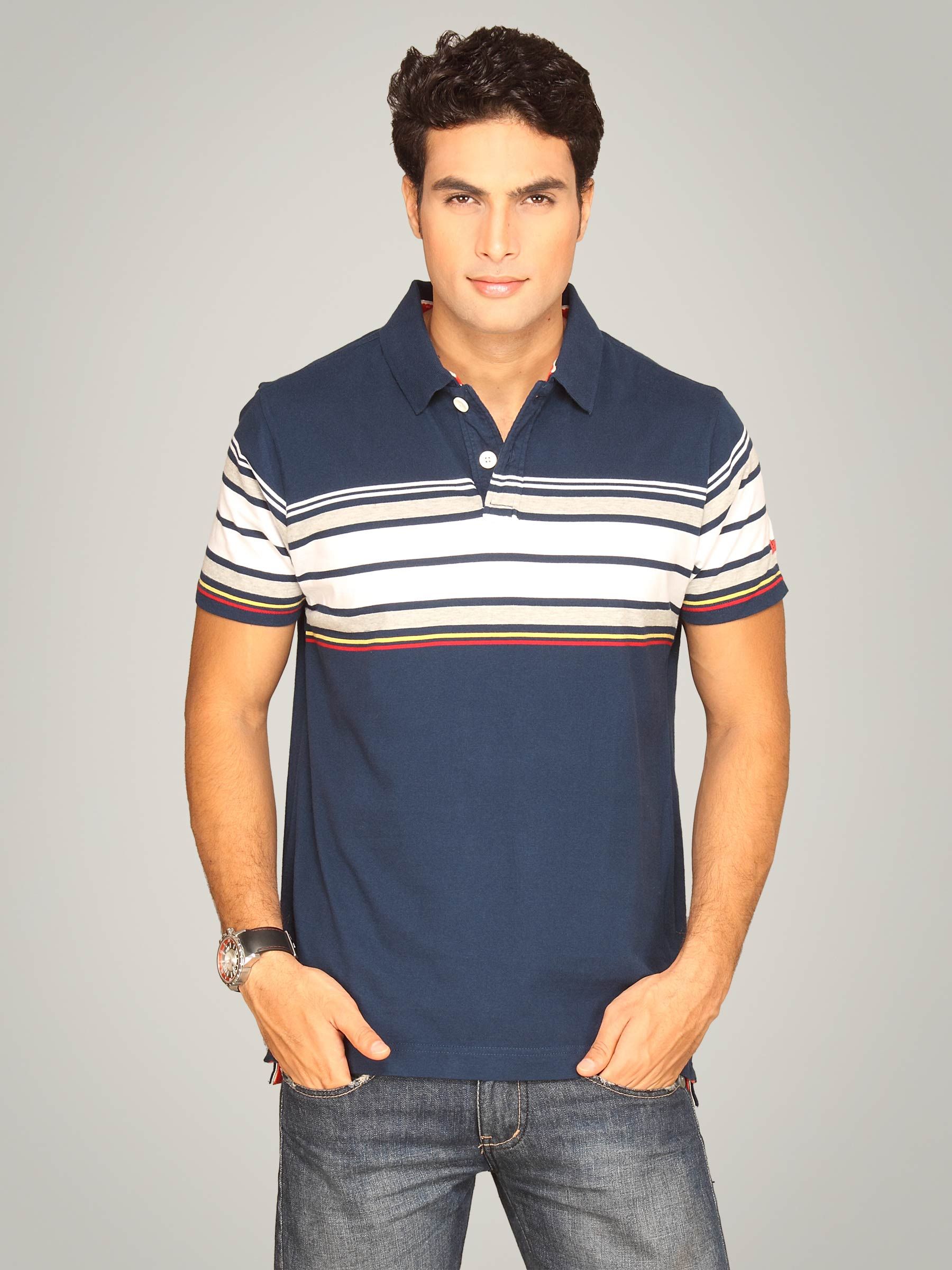 Basics Men Navy & White Striped Polo T-shirt