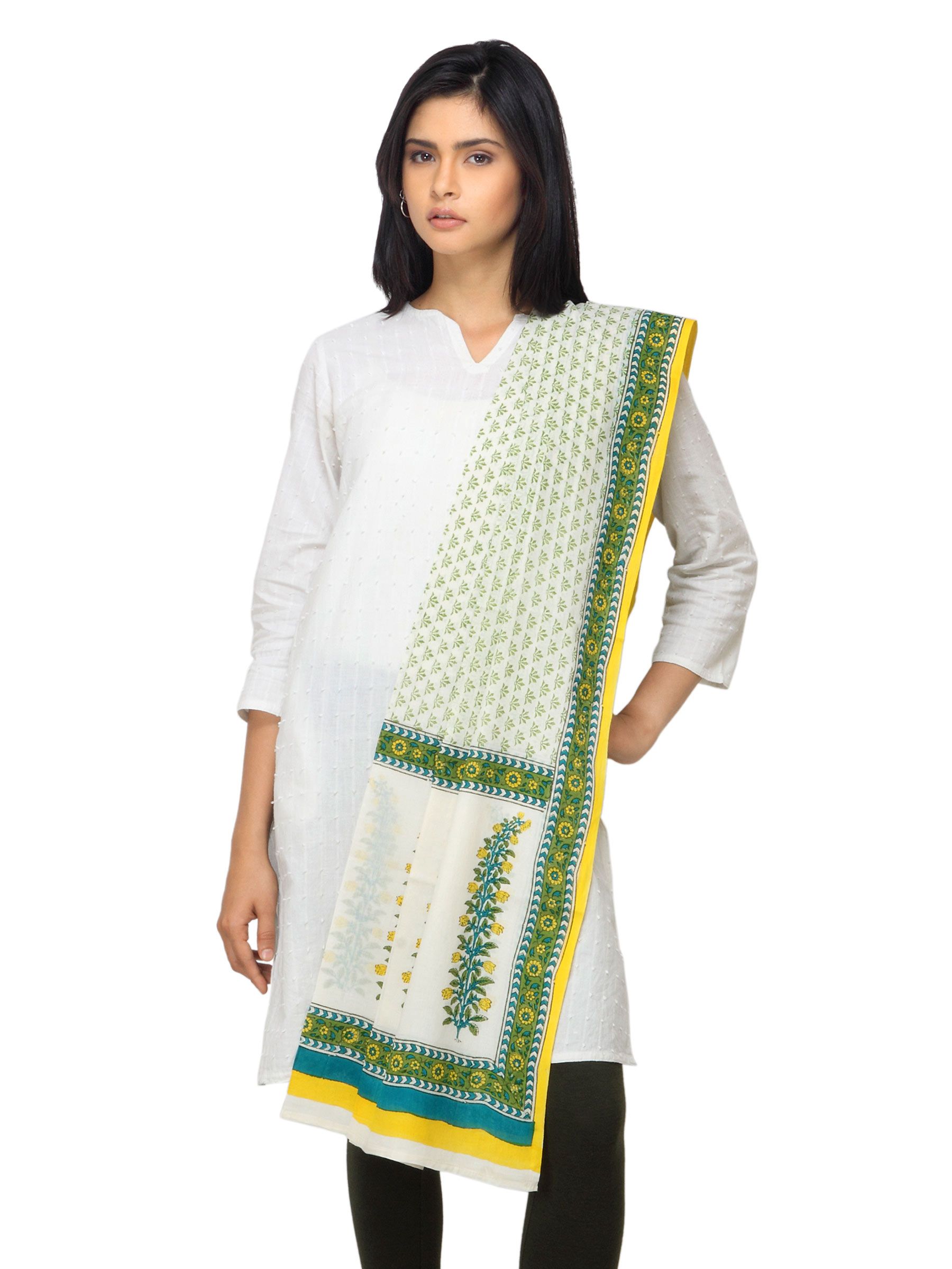Fabindia Women Printed Off White & Green Dupatta