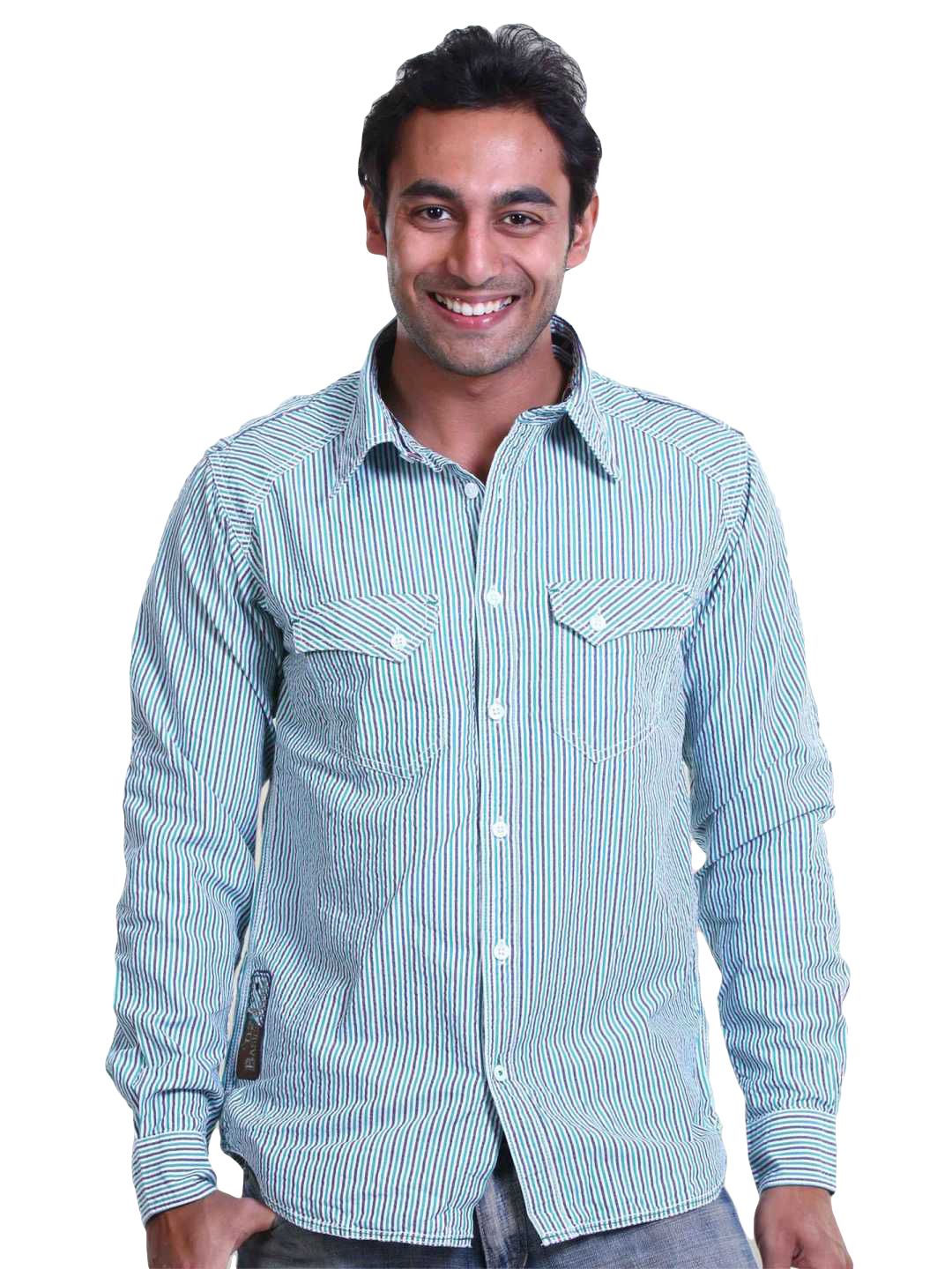 Basics Men Green & White Slim Fit Shirt