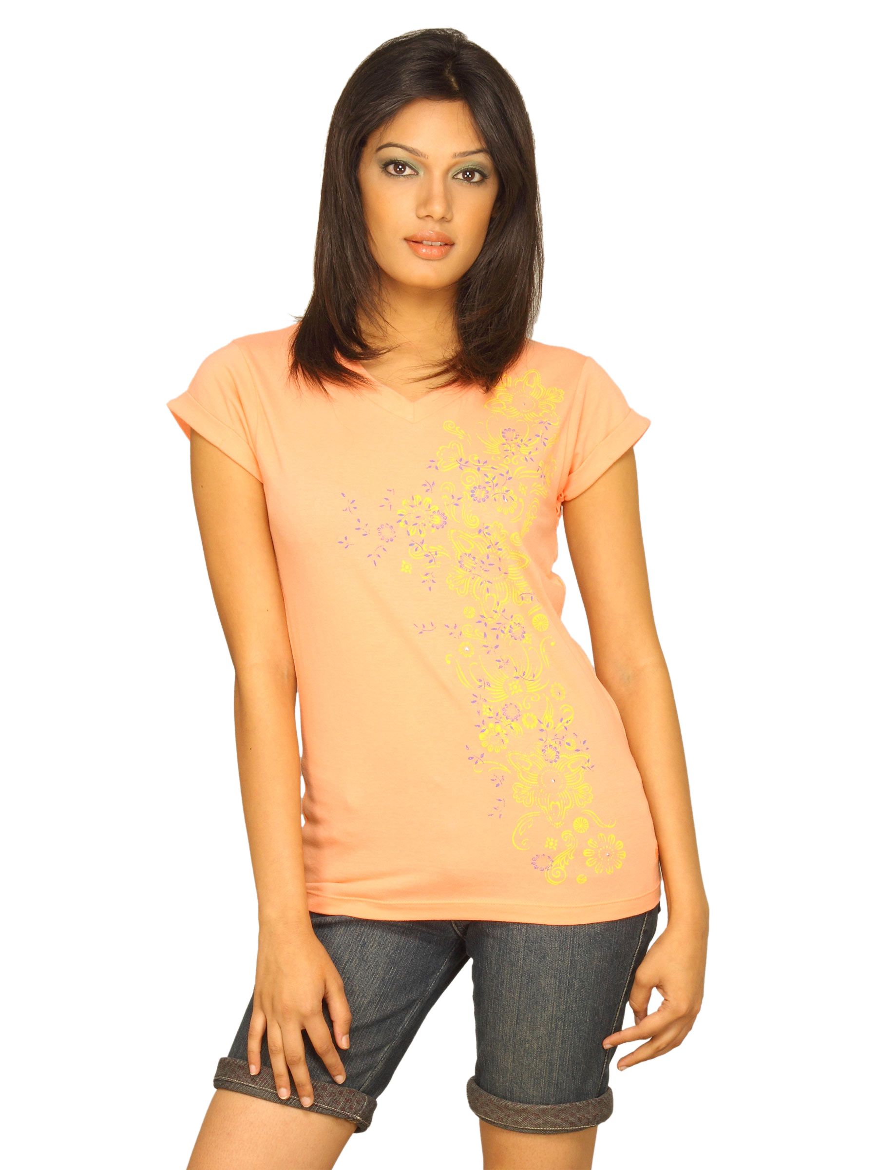 Wrangler Women's Folk Side Print Peach T-shirt