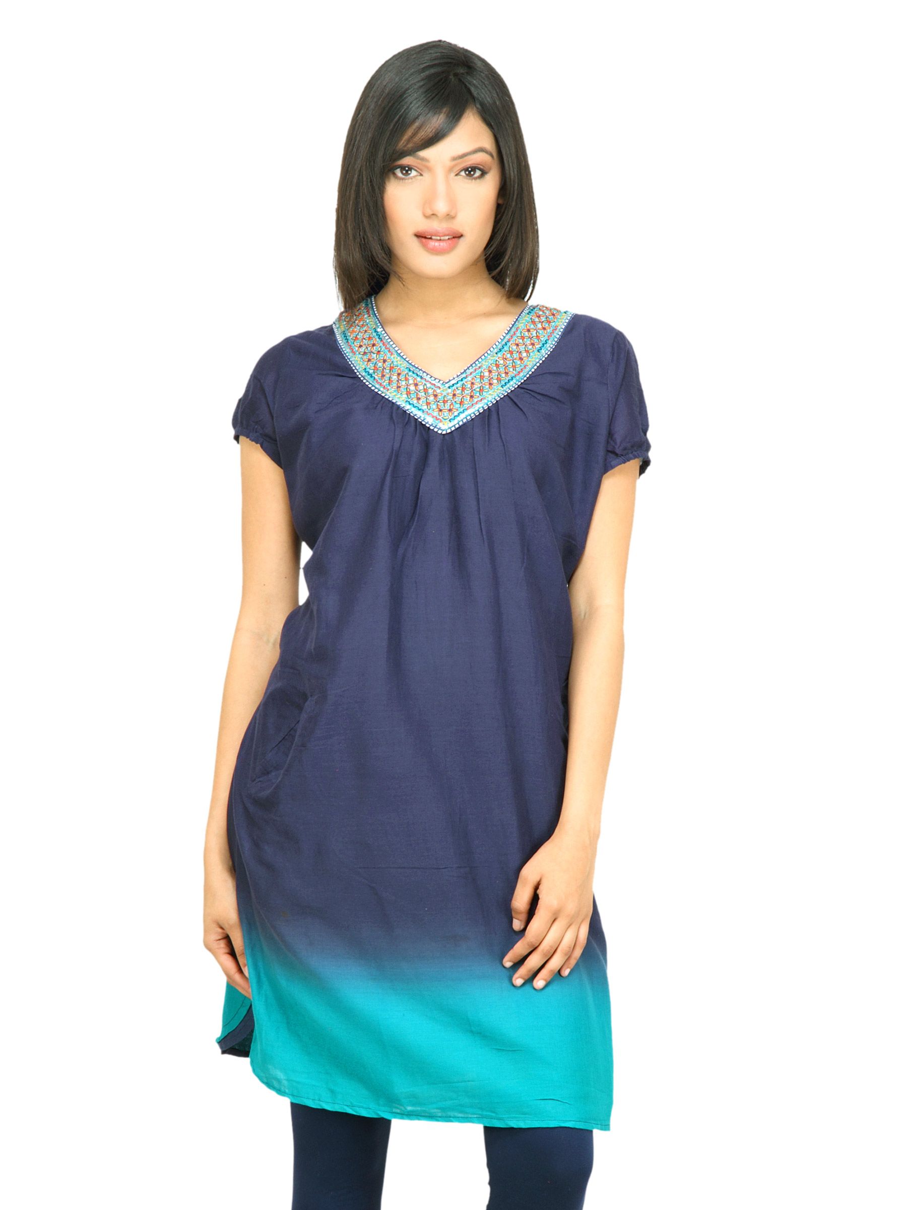 BIBA Women Solid Navy Blue Green Kurta