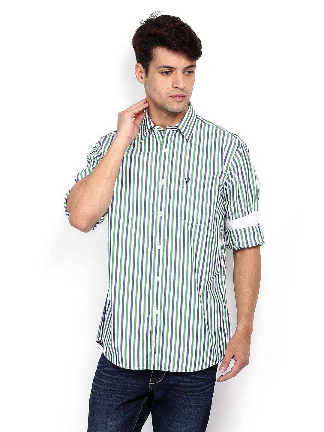 Buy Allen Solly Men White & Green Striped Sport Fit Casual Shirt ...