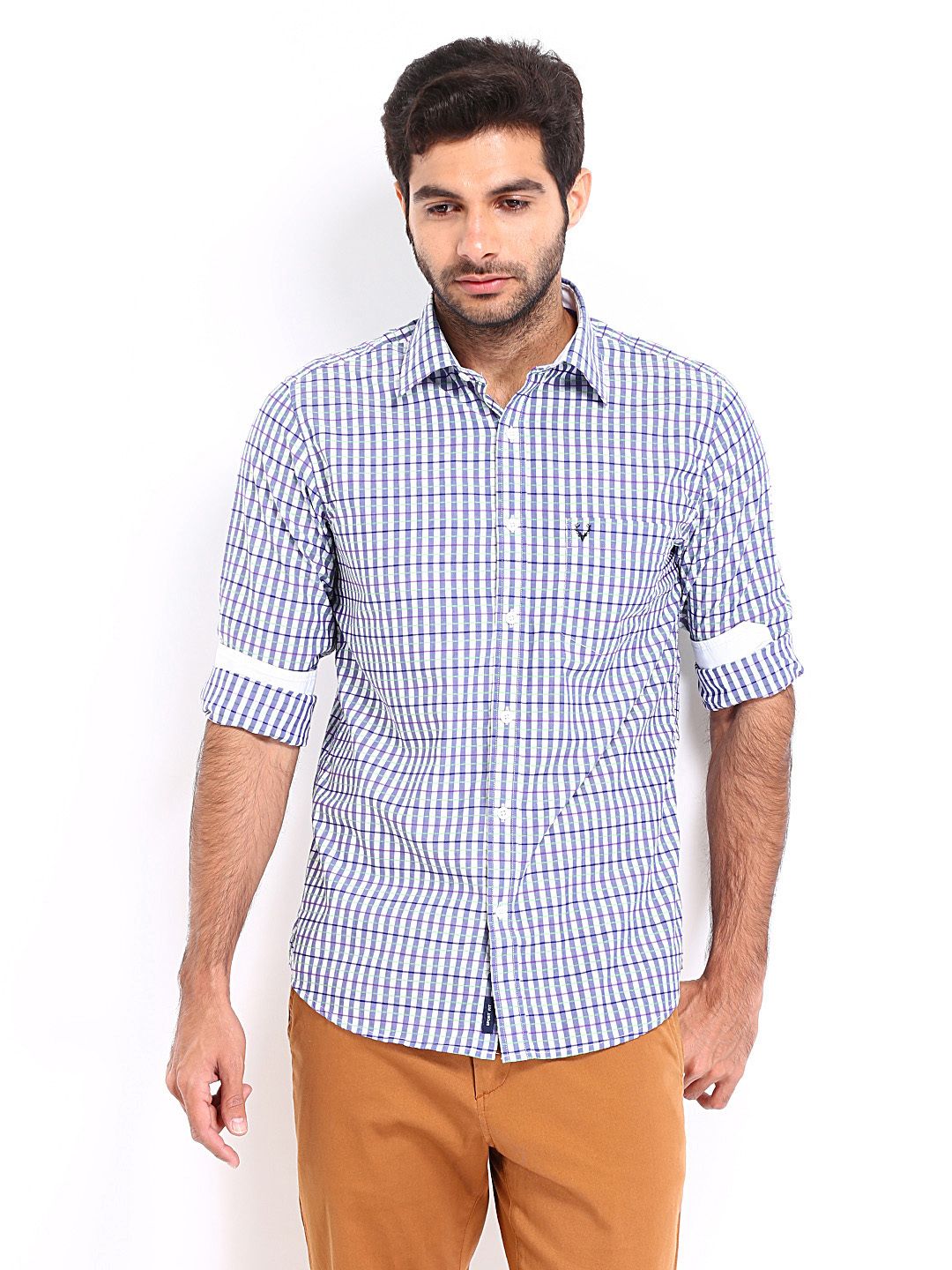 Buy Allen Solly Men White & Blue Checked Sport Fit Smart Casual Shirt ...