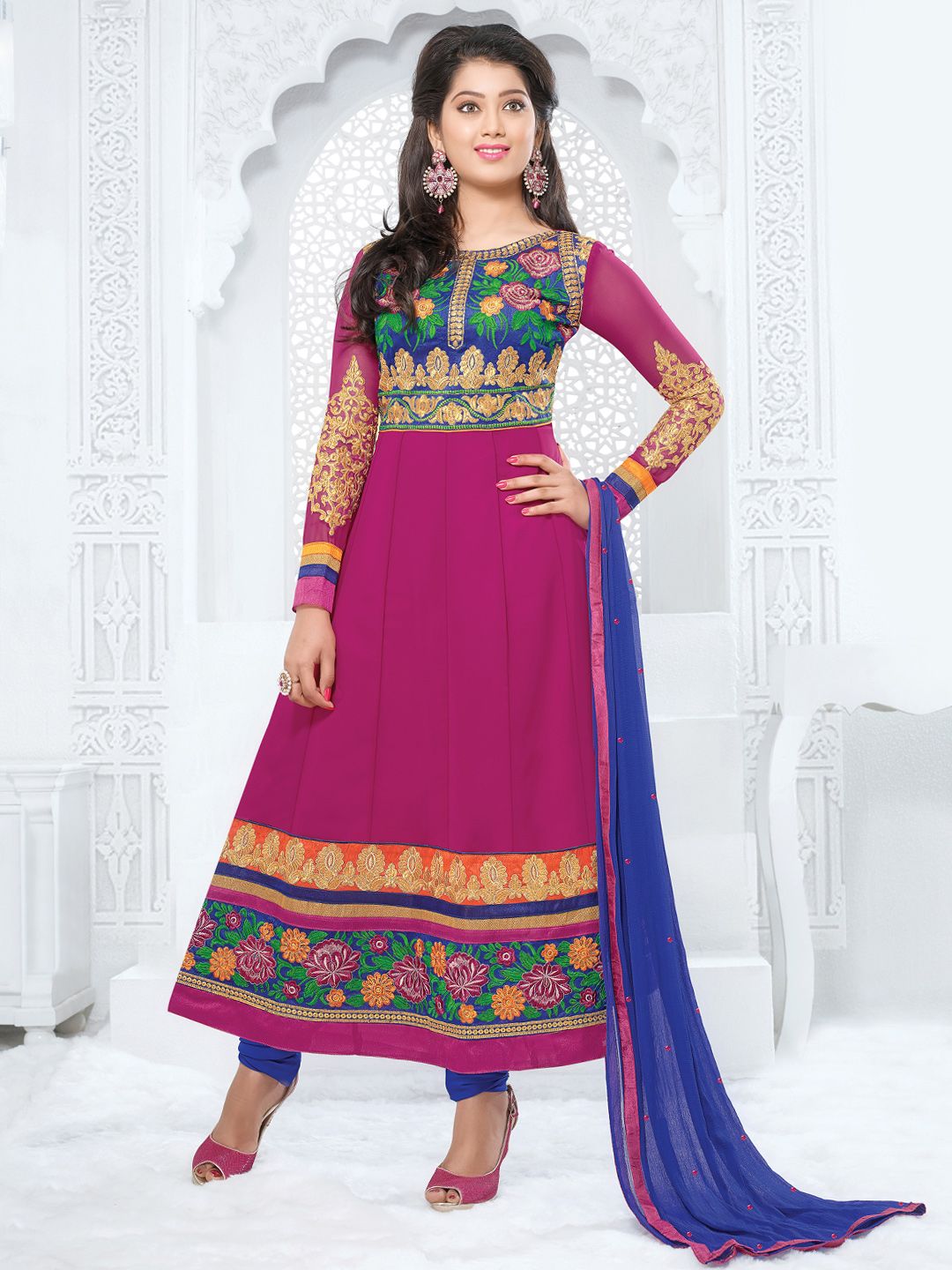 Buy Bridal Pink & Blue Chiffon Anarkali Unstitched Dress Material - 502 ...