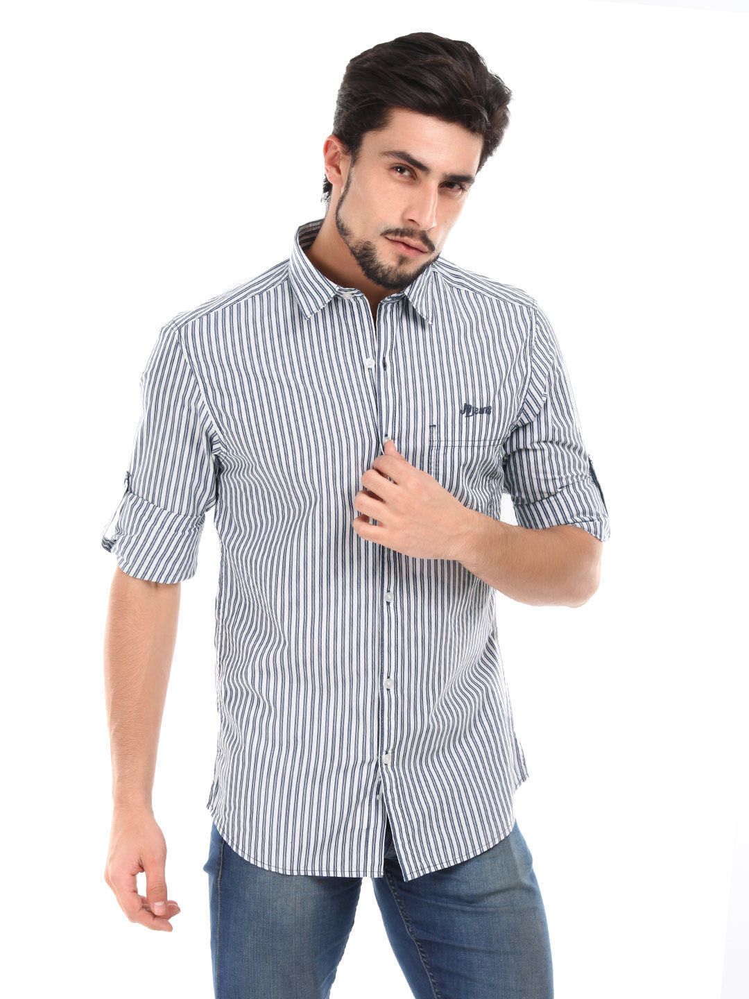 John Players Men White & Blue Striped Shirt