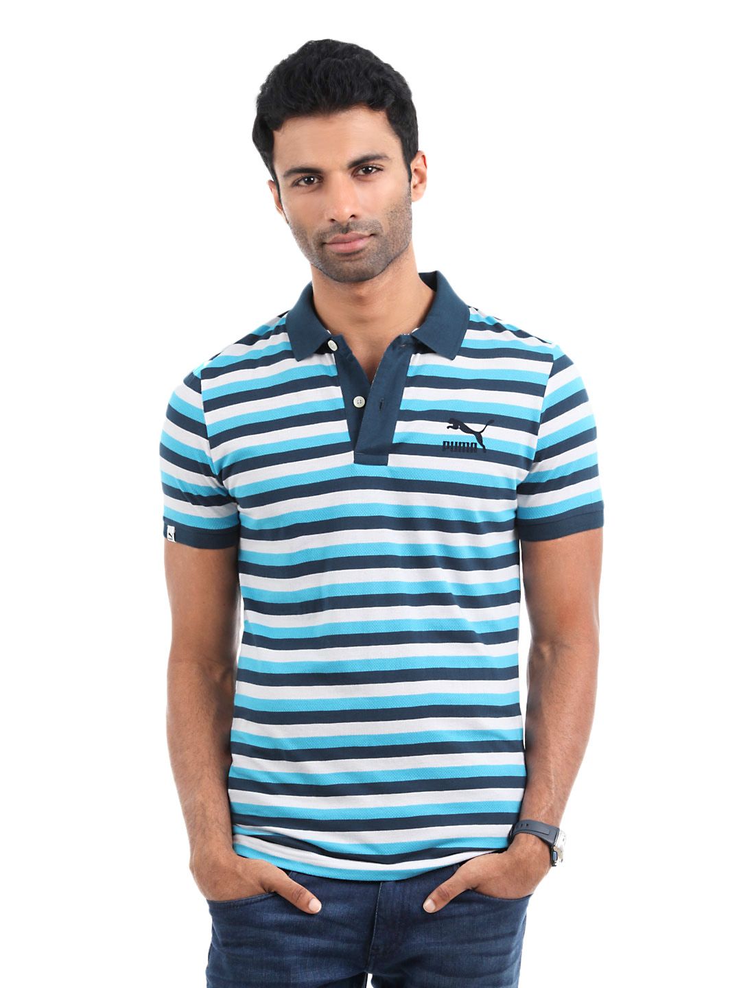 Puma Men Blue Striped T-shirt