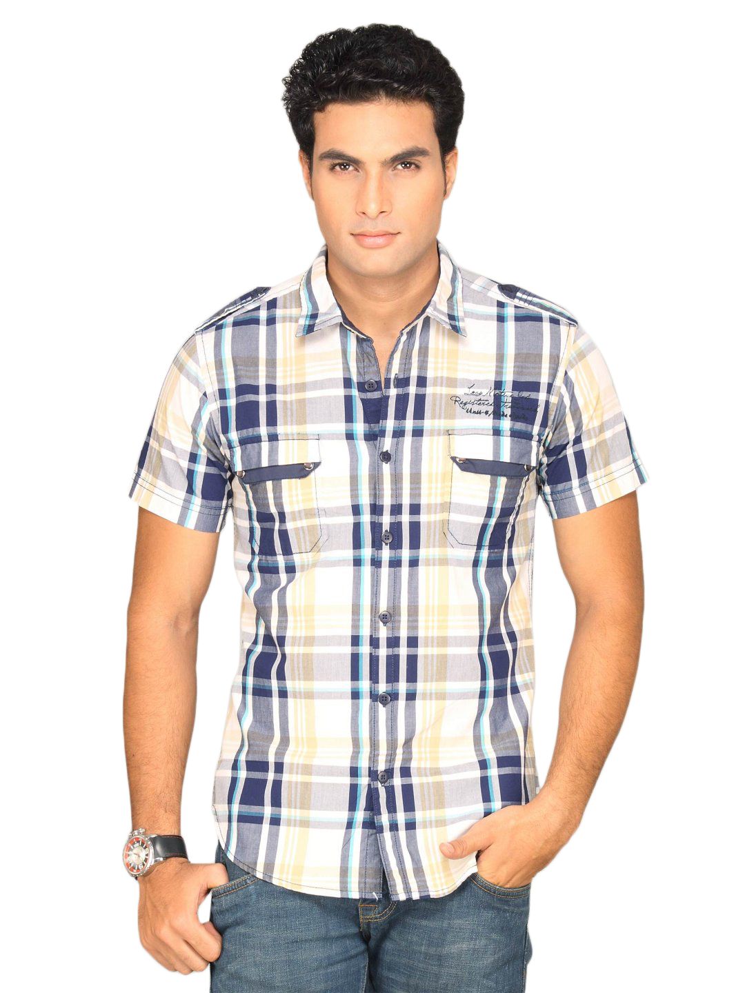 Locomotive Men Blue White Brown Checked Shirt