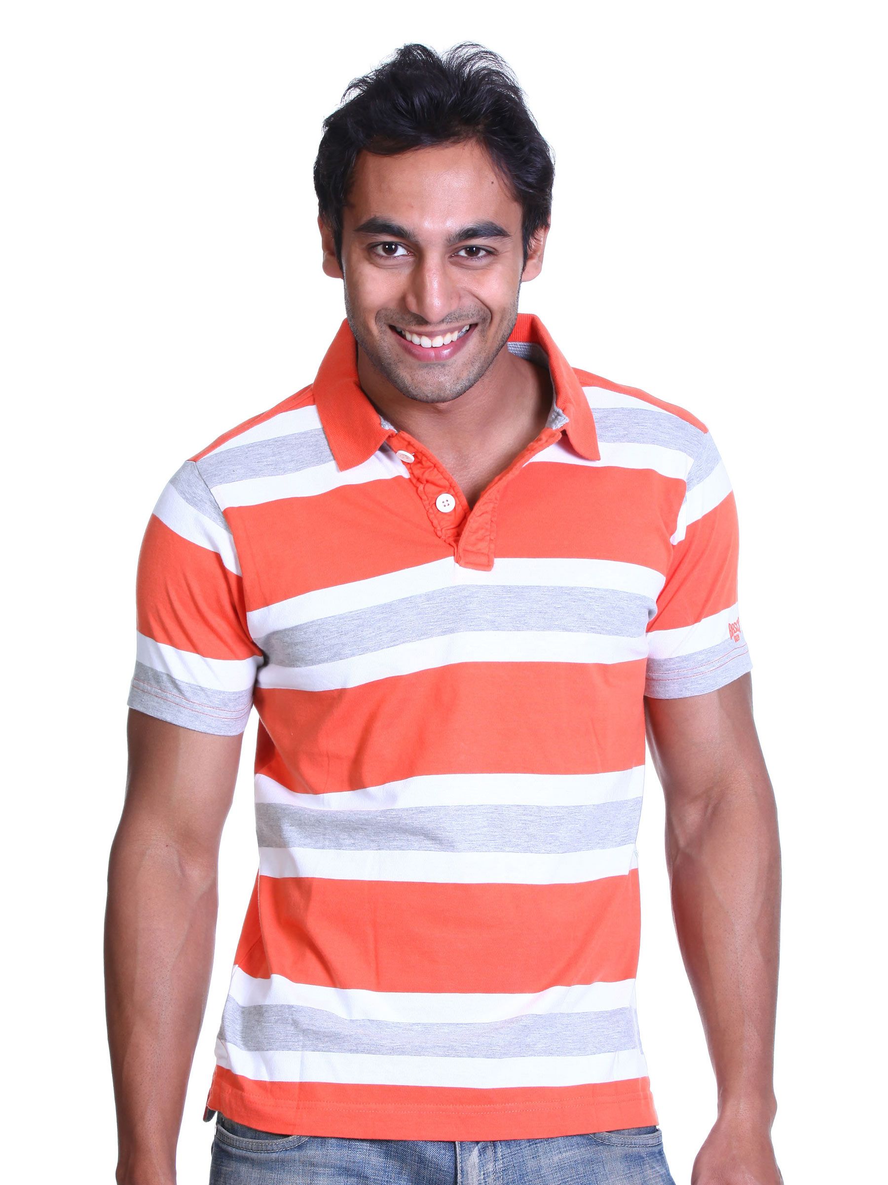Basics Men Orange Striped Polo T-shirt