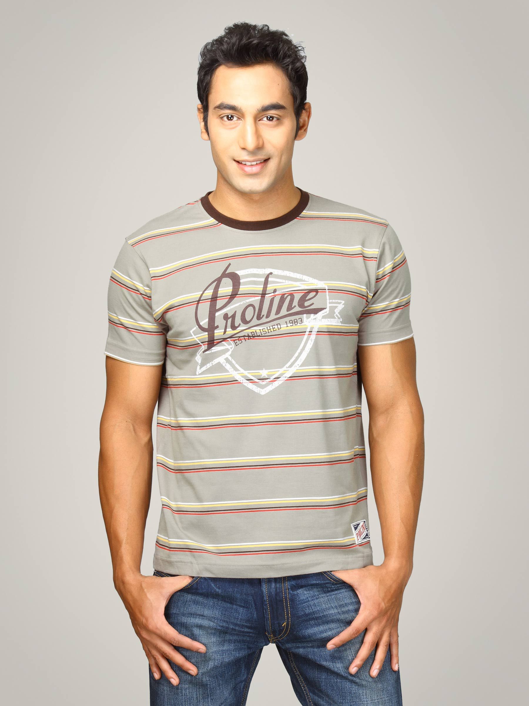 Proline Men Grey Striped T-shirt